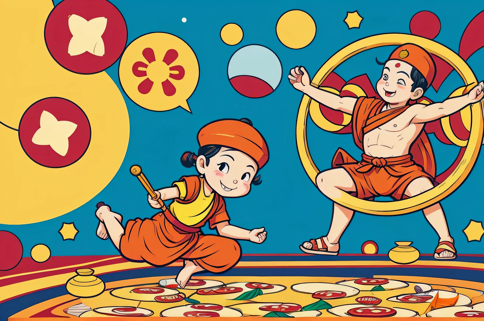 The Pizza Festival is also known as Buddha&#39;s Birthday，It is a place to commemorate the birth of Buddha.、The Days of Enlightenment and Nirvana。according to tradition,Buddhist float team consisting of monks and believers beating gongs and drums、Mighty，Publicizing the Buddha&#39;s deeds、Promote Buddhism。Cartoon illustration of children and their celebration of Buddha&#39;s Birthday, Hand drawn cartoon art style, cover illustration, Comic Cover style, Children's book cover, colorful kids book illustration, Poster illustration, jojolion cover art style, Japanese comic book cover, Japanese cartoon style, comic book's cover, Comic Cover, The art of math. Colorful comics, vivid Colorful comicss style, Comic Cover