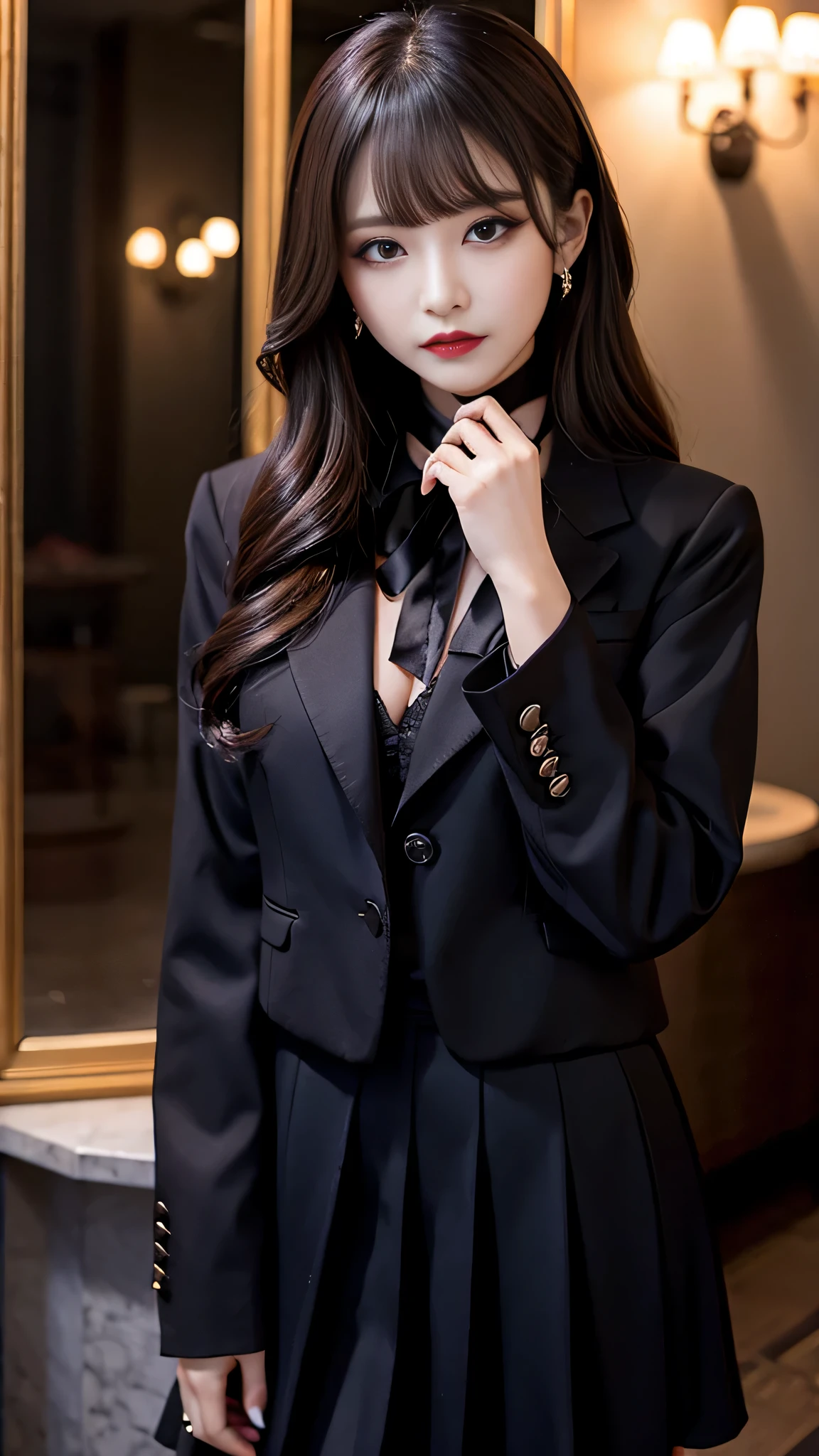 2girls、best quality、ultra-detailed、4k、Japanese、Seductive beauty、seductive adult woman、Pretty Woman、cool girl、Villainess、Brainwashed、brainwash、Fallen into evil、smirk、Evil look、Wicked Smile、evil、Brown hair、wavy hair、swept bangs、dark makeup、dark makeup、piercing eyes、hollow eyes,half-closed eyes、Hollow Eyes、Purple Eyeshadow、black lipstick、black lipglos、suit、Jacket、blouse、Black Ribbon、skirt、slit、Beautiful feet、Put your hands behind your back、night、Eerie Citadel、Are standing、