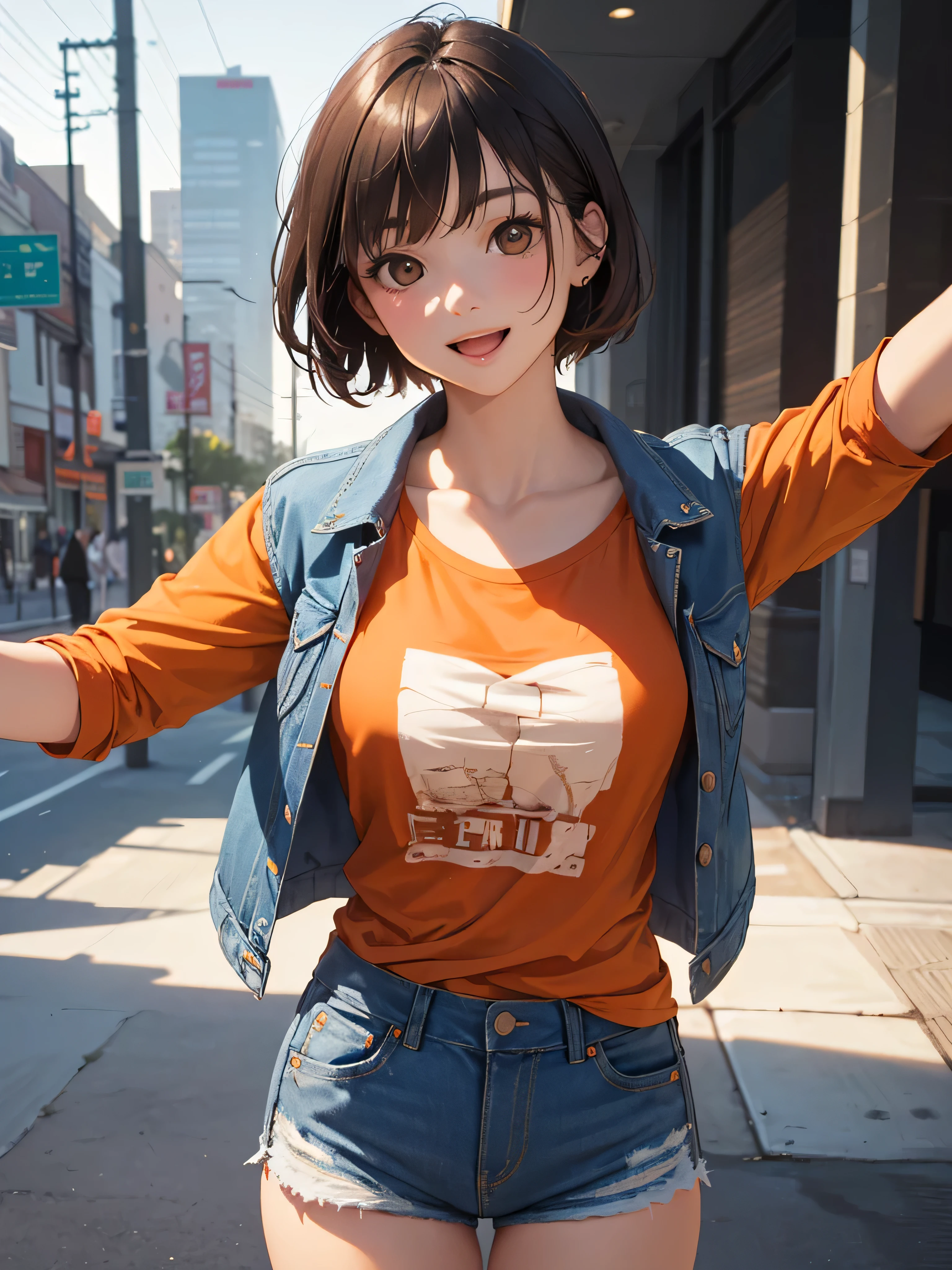 (masterpiece:1.2, highest quality), (Realistic, photoRealistic:1.4), Beautiful illustrations, (Natural Side Lighting, Cinema Lighting), Browsing Caution, 
View your viewers, (Face Focus, Upper Body), Front view:1.0, 1 girl, Japanese, office lady, 17 years old, Perfect Face, Cute and symmetrical face, Shiny skin, 
(short hair, Pixie Cut Hairstyles, Reverse hair, brown hair), parted bangs, Light brown eyes, Long Eyelashes, (Medium chest), thin, 
Beautiful Hair, Beautiful Face, Beautiful fine details, Beautiful clavicle, Beautiful body, Beautiful breasts, Beautiful thighs, Beautiful feet, Beautiful fingers, 
((Denim jacket, Dark orange T-shirt, White tailored shorts)), 
(Beautiful views), evening, (Outside the park), Are standing, Outstretched arms, (Cute smile, Open your mouth),