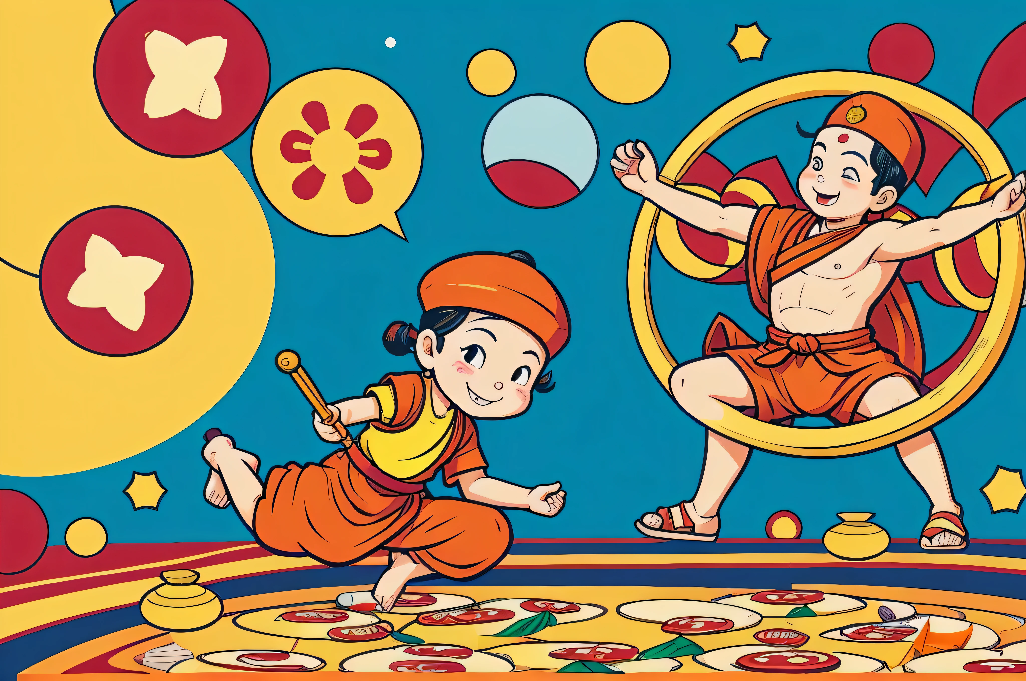The Pizza Festival is also known as Buddha's Birthday,It is a place to commemorate the birth of Buddha.、The Days of Enlightenment and Nirvana。according to tradition,Buddhist float team consisting of monks and believers beating gongs and drums、Mighty,Publicizing the Buddha's deeds、Promote Buddhism。Cartoon illustration of children and their celebration of Buddha's Birthday, Hand drawn cartoon art style, cover illustration, Comic Cover style, Children's book cover, colorful kids book illustration, Poster illustration, jojolion cover art style, Japanese comic book cover, Japanese cartoon style, comic book's cover, Comic Cover, The art of math. Colorful comics, vivid Colorful comicss style, Comic Cover