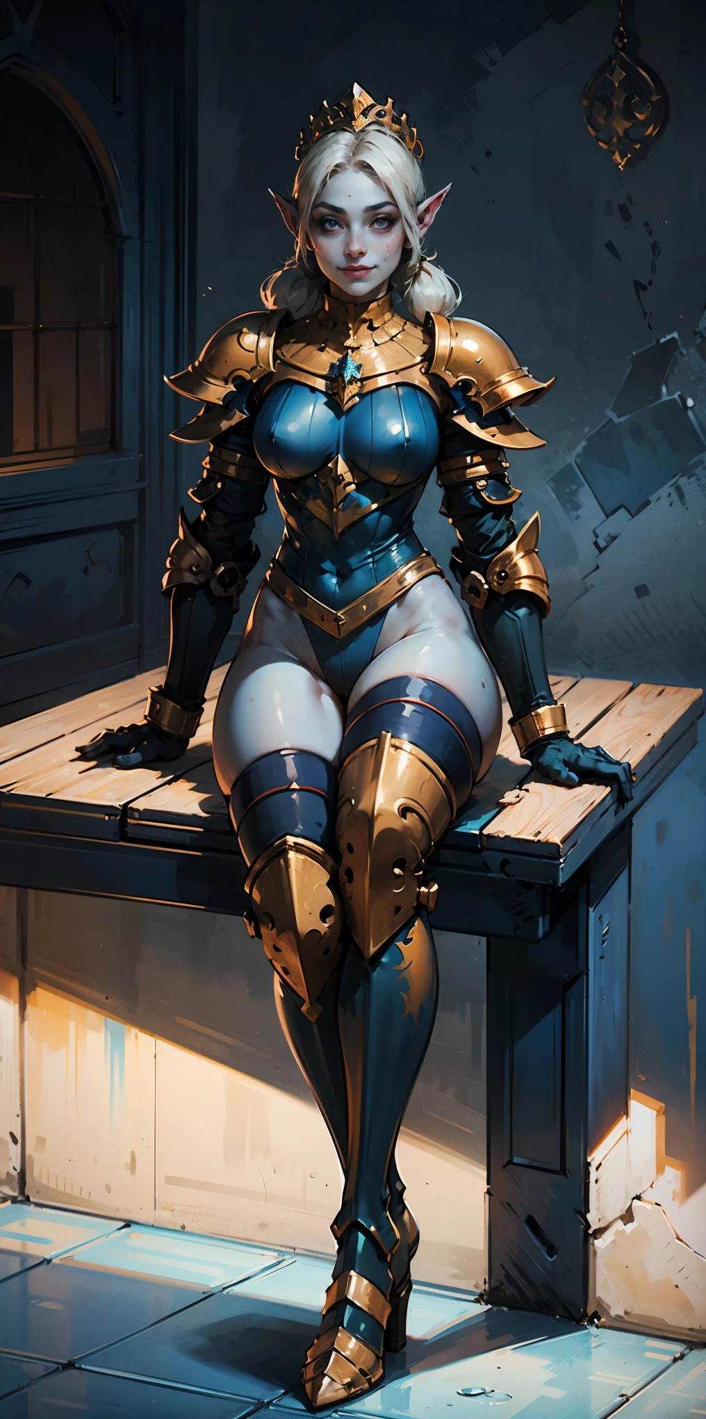 full body sitting on a bench showing ass to me, BLUE breastplate, BLUE skin (1girl)(BLUE skin:1.2), looking at viewer, shiny, armor, thigh highs, high boots, pauldrons shoulder armor, faulds, poleyn, gloves, gauntlets, rerebrace armored boots, (masterpiece, best quality, ultra-detailed, best shadow) yordle pointy ears muscular lean platinum blonde long twin-tails hairstyle at the office lustful smirking smile face red blushed, blush, strong abs, female body builder, tiara, twin drills hair