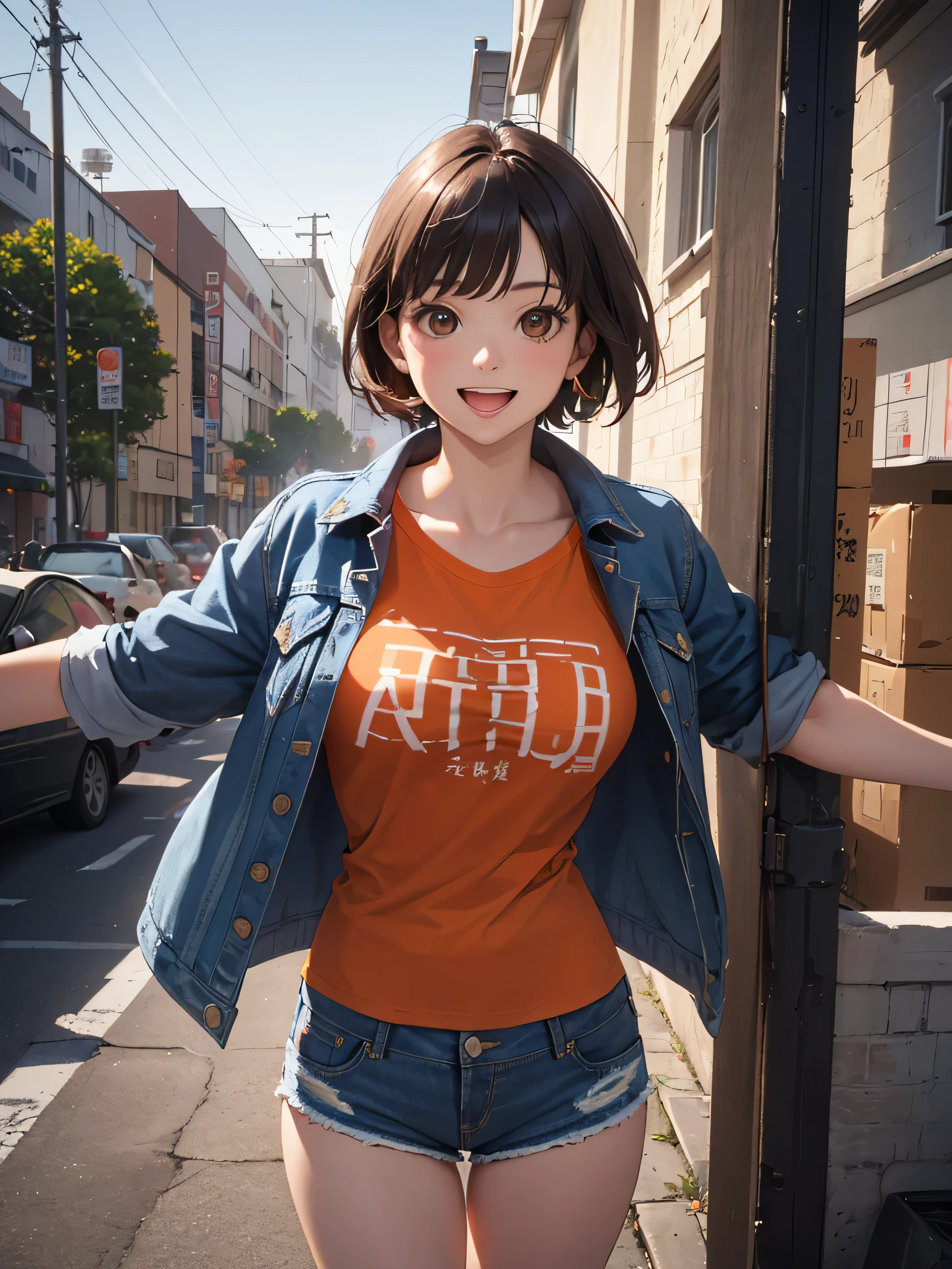 (masterpiece:1.2, highest quality), (Realistic, photoRealistic:1.4), Beautiful illustrations, (Natural Side Lighting, Cinema Lighting), Browsing Caution,
View your viewers, (Face Focus, Upper Body), Front view:1.0, 1 girl, Japanese, office lady, , Perfect Face, Cute and symmetrical face, Shiny skin,
(short hair, Pixie Cut Hairstyles, Reverse hair, brown hair), parted bangs, Light brown eyes, Long Eyelashes, (Medium chest), thin,
Beautiful Hair, Beautiful Face, Beautiful fine details, Beautiful clavicle, Beautiful body, Beautiful breasts, Beautiful thighs, Beautiful feet, Beautiful fingers,
((Denim jacket, Dark orange T-shirt, White tailored shorts)),
(Beautiful views), evening, (Outside the park), Are standing, Outstretched arms, (Cute smile, Open your mouth),