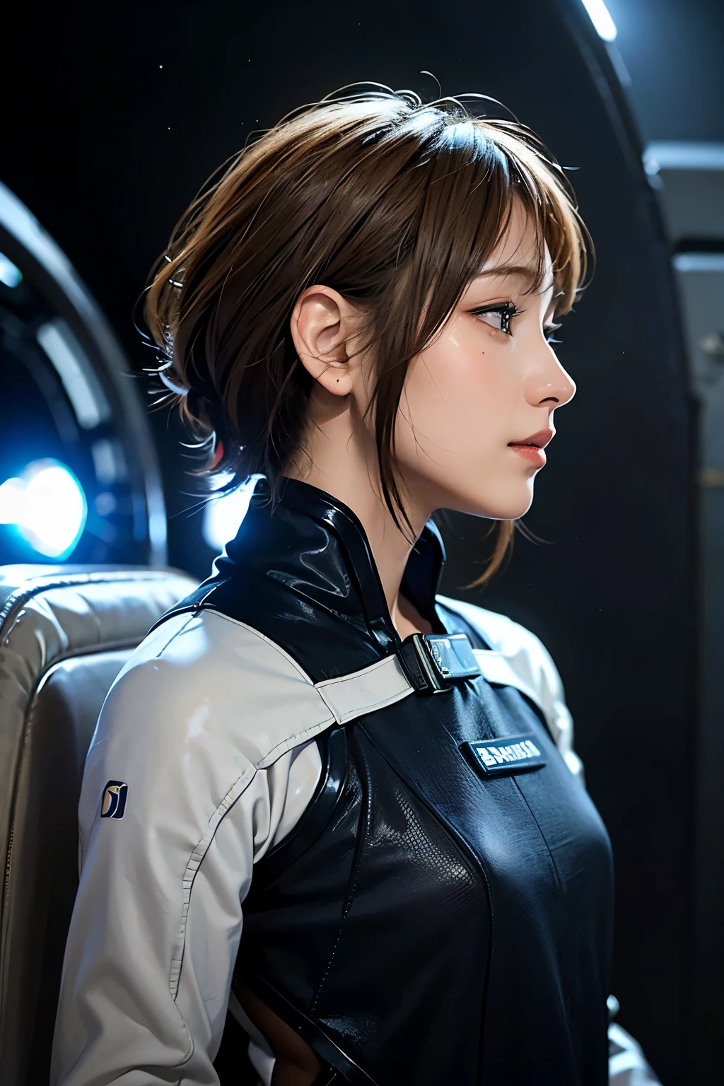 Ultra-high resolution、(Real:1.4)、Beautiful woman1、Beautifully detailed eyes and skin、profile、Light brown short hair、small smile、Full space suit、Space Station、Spaceship、Sci-Fi Taste、Movie quality、