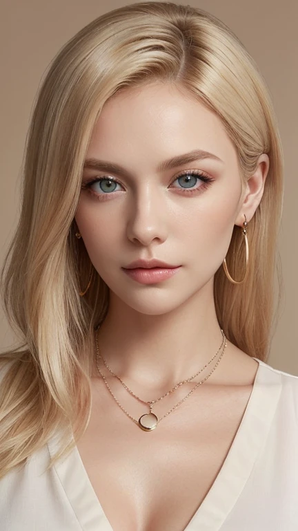 1 29 year old blonde woman with long hair posing for a picture, Beautiful blonde woman, beautiful blonde woman, (She couldn't be more tired, sleepy and satisfied.:1.1), Beautiful, well-cared for blonde, 8K Soft Portrait, Smooth blond woman, (Slim figure top model), breast enhancement, (Blonde Swedish woman), (Blonde eyebrows), Glossy long blonde hair, (amber color eyes brillantes:1.2), (She's droopy eyes and the pupils of the eyes are dilated:1.0), (Thick plump lips), (A photo from the chest up), (A person in the center left and right, The whole head is shown:1.3), (A buttoned-up collared blouse in a light neutral color:1.3), (A very simple necklace and very simple earrings), Perfect Makeup