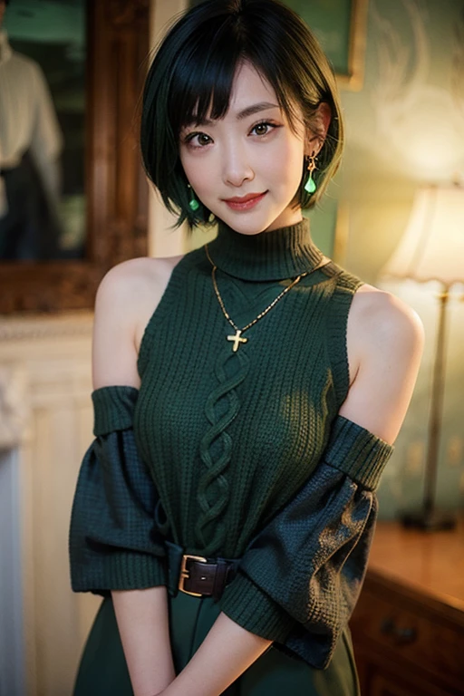 (red lips:1.4), full body, (turtleneck cable knit oversize sweater dress:1.2), , 1girl,solo,
(8k, RAW photo, best quality, masterpiece:1.3),(realistic, photo-realistic:1.37),realistic skin texture,(photorealistic:1.3),(hyperrealistic:1.2), (short hair:1.4) , seducting pose, (green colored clothes:1.7), (green hair:1.7), (seducting smile:1.4), (detached sleeves:1.4), (cheek dimples:1.4), (narrow shoulders:1.7), earrings, golden necklace, 