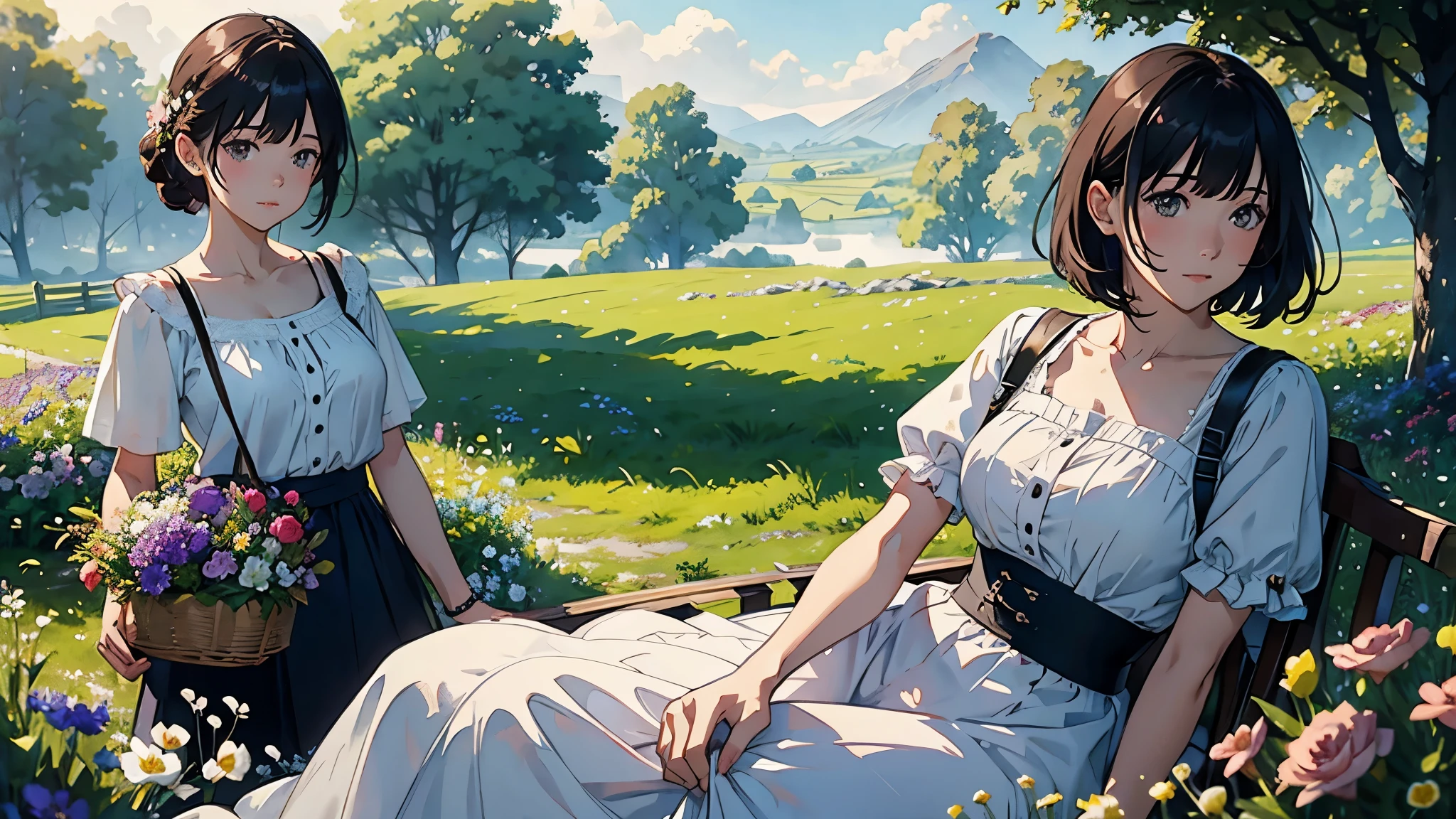 (highest quality、High resolution、masterpiece)、(Anime Art 4k)、(Realistic)、((Two women、20-year-old、whole body、While looking at the beautiful scenery、taking a walk、Basket full of flowers))、(Detailed depiction of a beautiful face)、Smiling Kindly、Medium Short Hair、Dark brown hair、Braided hair、White blouse and long skirt、one piece、apron、apronドレス、picnic、Cinema Lighting、Ray Tracing、Soft Light、Welsh landscape on a misty morning、Flowering meadow、Misty meadow on a calm morning、Flowers bloom all over the grassland、(Sargent-style watercolor)、