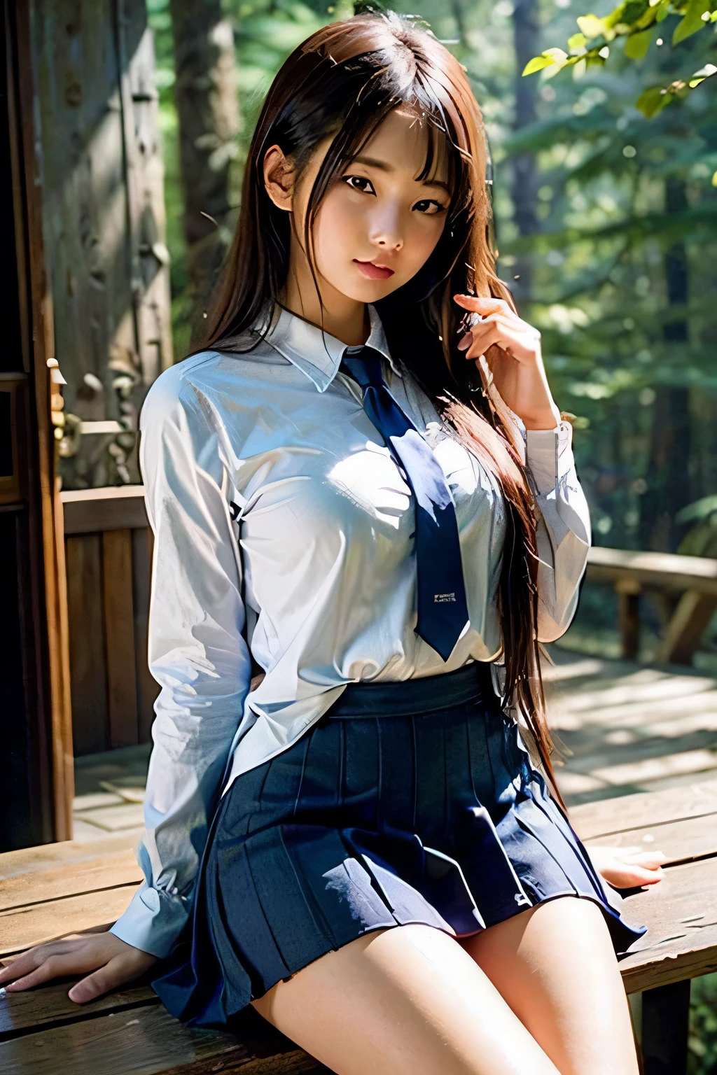 masterpiece、high resolution、High Detail、8k wallpaper、((Very beautiful face、Cute face))、Light brown eyes、((Beautiful double eyelids))、Well-formed face,Whole Body Ezbian、Serafuku,Summer clothes、Blue tie、Blue Skirt、Beautiful girl, high school girl、15-year-old student、Hairstyles with bangs、great outdoors、Blue Swamp in the Coniferous Forest、Beautiful girlが水の中を歩いてここに来る、Embarrassment、confusion、Ephemeral、Dark Sky、Side light、noise reduction、Pale, soft light、Diffuse Light、