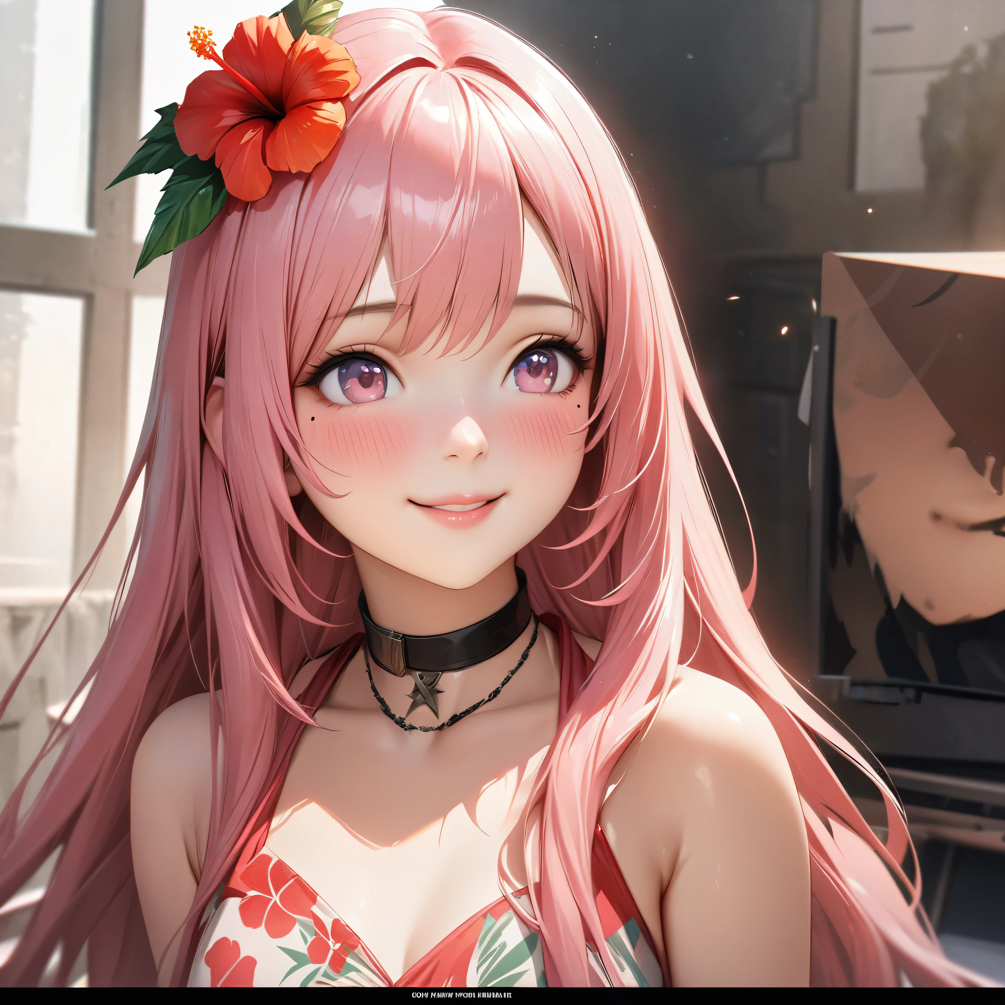 masterpiece, higst quality, highly detailed, high resolution, an high resolution, high resolution, 4k, 8k, unity 8k wallpaper, highly detailed cg, masterpiece, realistic, beautiful detail, depth, fine texture, hig hisst st quality: 1.3, total concentration, crisp skin, him, very cute anime, cute like an idol, tall pink long hair, one girl, Hawaiian dress, greeting, hibiscus hair accessory, smile, long pink hair, whole body , Mole under his eye, line sight, high, blush, lips parted, he art, pink eyes, choker