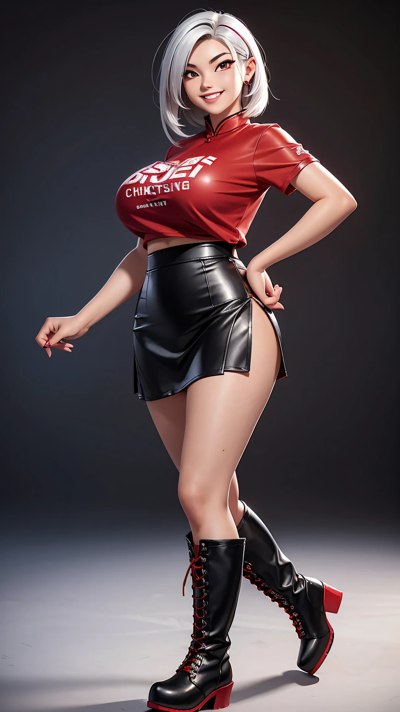 Beautiful Chinese 17 year old female, bob hair with silver streaks, large breasts, red t shirt, black short skater skirt, leather boots, punk girl, masterpiece, photorealistic, smiling, huge breasts, wide hips