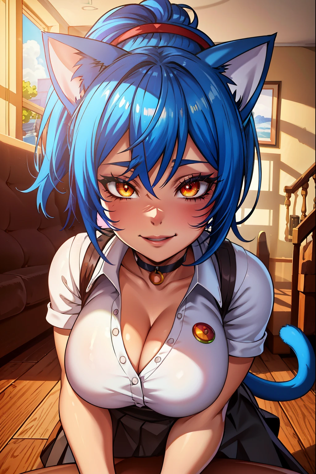 cat girl, blue hair, red eyes, cat ears, cat tail,white shirt, skirt, (extremely detailed CG unity 4k wallpaper),(masterpiece),(best quality),(ultra-detailed),(best illustration),(best shadow),(absurdres),(detailed background), Smiling brightly, Contemporary house, Lipstick, Eyeshadow, close up,