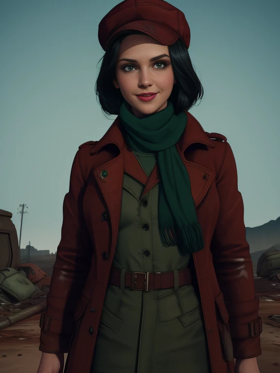 1girl, solo, highly insanely detailed, masterpiece, top quality, best quality, highres, 4k, 8k, fallout style, smile, 1girl, piper,black hair,green eyes, standing,upper body, red overcoat,scarf,dirty clothes,small cap, in the wasteland