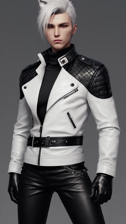 Final Fantasy-style graphics, young, Cute and cool Japanese boys, Thin eyebrows and big eyes, He is wearing a shiny off-white leather single-breasted jacket.。., with epaulettes, The jacket is zipped up, The jacket pockets are black., The jacket has a high stand-up collar with a belt, Also wearing a black turtleneck, black leather pants, Thin black leather gloves on both hands, Black leather knee-high lace-up boots, Head to Toe, Show your whole body, Final Fantasy Style、good looking、Clear eyes and nose、((A shiny white single-breasted leather jacket))、((The jacket has epaulettes))、((The jacket has a stand-up collar and belt))、((The jacket has a black pocket))、((Black turtleneck shirt))、((光沢のあるblack leather pants))、((Shiny black leather gloves on both hands))、((Black lace-up leather long boots))、Head to Toeの眺め、Realistic image quality and texture、In a small brick-walled cell、Close your eyes、A kind smile、((The jacket is zipped closed))、((Hairstyle is wolf cut))