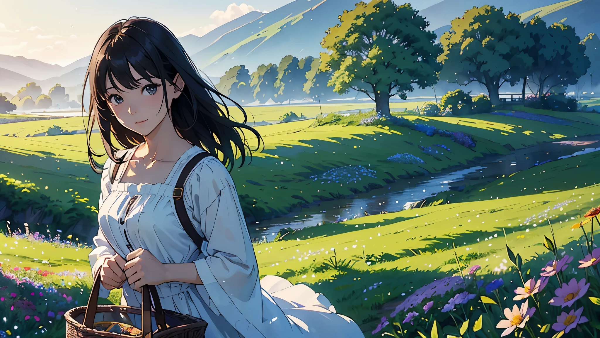 (highest quality、High resolution、masterpiece)、(Anime Art 4k)、(Realistic)、((Two women、20-year-old、whole body、While looking at the beautiful scenery、taking a walk、Basket full of flowers))、(Detailed depiction of a beautiful face)、Smiling Kindly、Medium Short Hair、Dark brown hair、Braided hair、White blouse and long skirt、one piece、apron、apronドレス、picnic、Cinema Lighting、Ray Tracing、Soft Light、Welsh landscape on a misty morning、Flowering meadow、Misty meadow on a calm morning、Flowers bloom all over the grassland、(Sargent-style watercolor)、