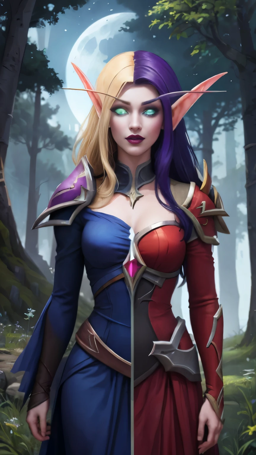 (Masterpiece, highly detailed, highly quality,  highly resolutions), line between the middle, half with nightelf half with bldelf, ({{BREAK nightelf, SplitScreen, split screen, Happy faces, glowing eyes, blue eyes, Purple Hair, colored skin, mature female, purple Dress, purple shoulder pad, purple lips, looking at viewer, forest, night, Sleeve, Princess of the Moon, spring season, Moon}}), vs, (BREAK bldelf, SplitScreen, splitscreen, Happy Faces, glowing eyes, Green eyes, Blonde hair, colored sclera, mature female, Red Dress, red shoulder pad, red lips, looking at viewer, forest, Yellow sword, day, Sleeves, Princess  of the Sun, Fall season, Sun))