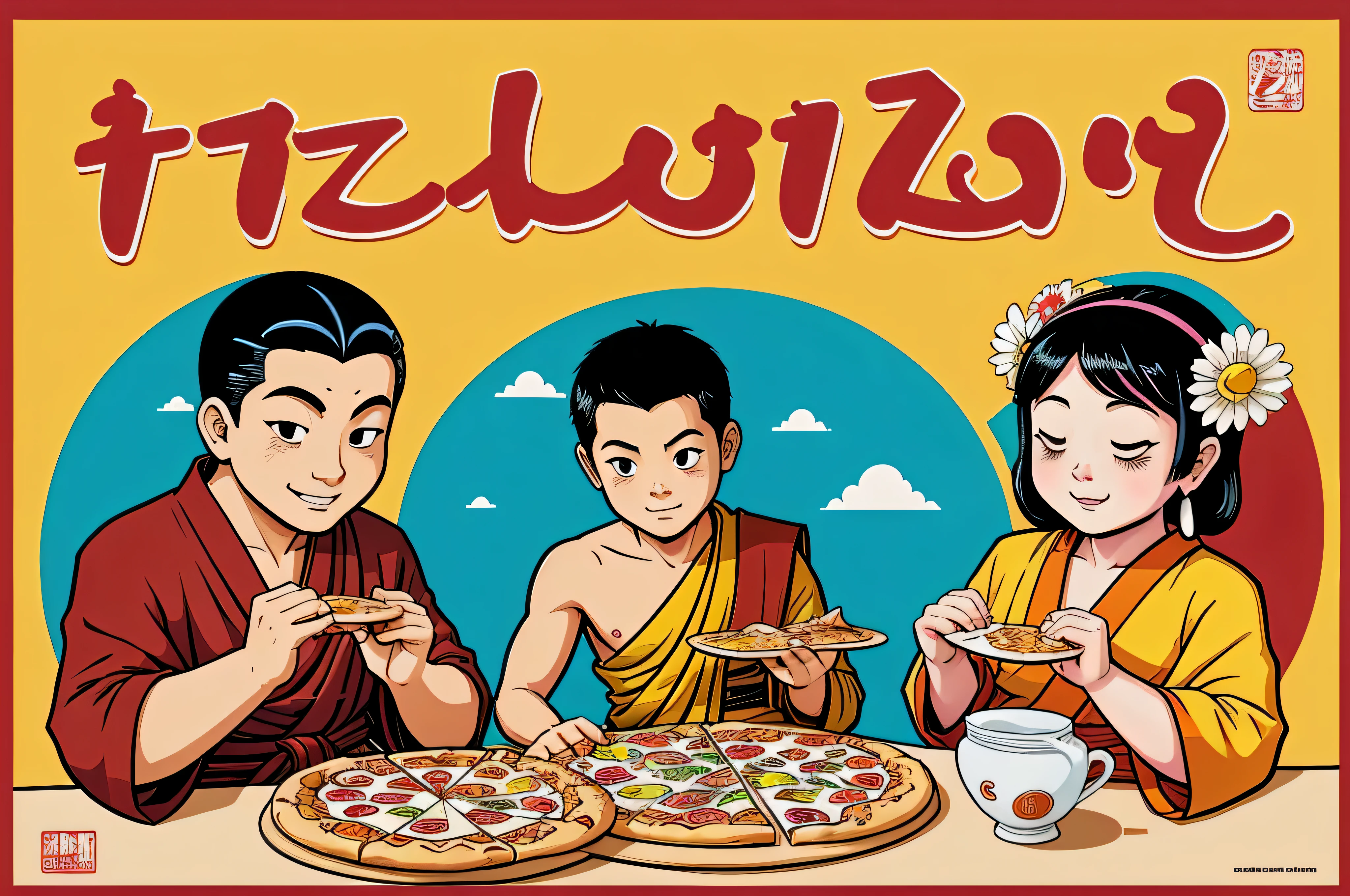 The Pizza Festival is also known as Buddha's Birthday,It is a place to commemorate the birth of Buddha.、The Days of Enlightenment and Nirvana。according to tradition,Buddhist float team consisting of monks and believers beating gongs and drums、Mighty,Publicizing the Buddha's deeds、Promote Buddhism。Cartoon illustration of children and their celebration of Buddha's Birthday, Hand drawn cartoon art style, cover illustration, Comic Cover style, Children's book cover, colorful kids book illustration, Poster illustration, jojolion cover art style, Japanese comic book cover, Japanese cartoon style, comic book's cover, Comic Cover, The art of math. Colorful comics, vivid Colorful comicss style, Comic Cover