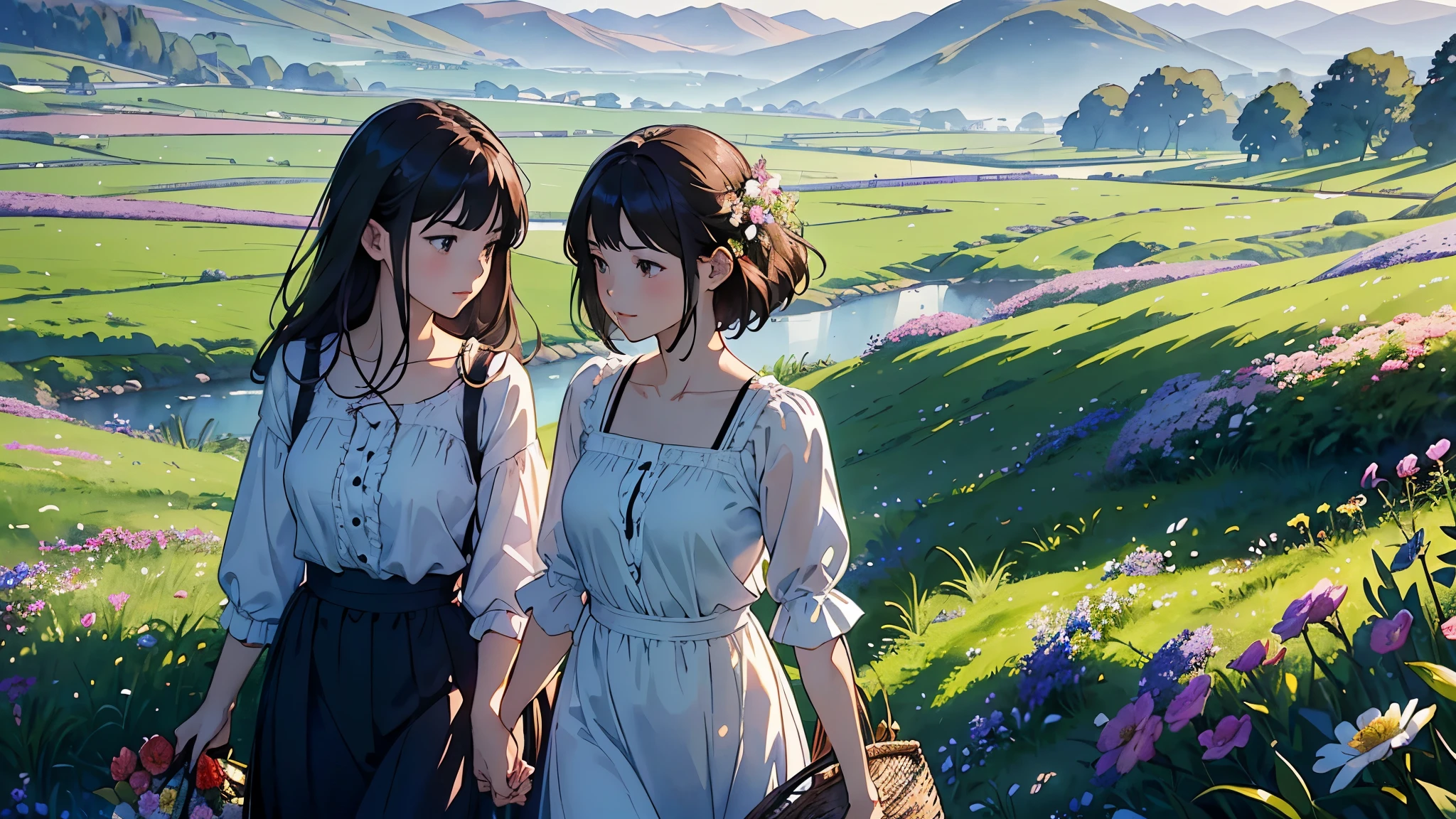 (highest quality、High resolution、masterpiece)、(Anime Art 4k)、(Realistic)、((Two women、20-year-old、whole body、While looking at the beautiful scenery、taking a walk、Basket full of flowers))、(Detailed depiction of a beautiful face)、Smiling Kindly、Medium Short Hair、Dark brown hair、Braided hair、White blouse and long skirt、one piece、apron、apronドレス、picnic、Cinema Lighting、Ray Tracing、Soft Light、Welsh landscape on a misty morning、Flowering meadow、Misty meadow on a calm morning、Flowers bloom all over the grassland、(Sargent-style watercolor)、