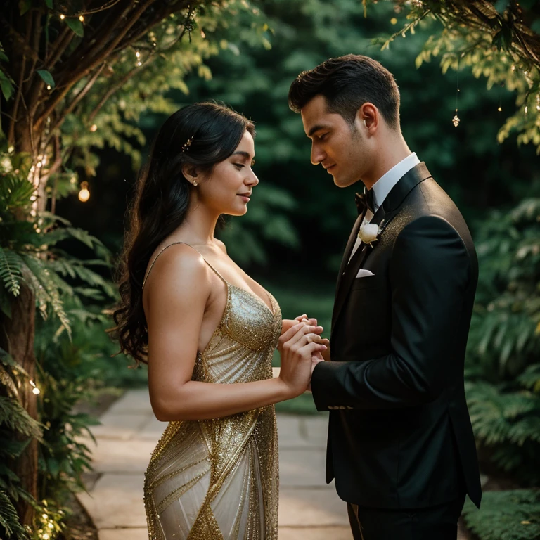 their clothes wrinkling subtly beneath the touch of their hands, the intricate patterns of the twinkling fairy lights shimmering against the backdrop of lush greenery. The woman wears a flowing, ivory-colored maxi dress that clings to her form, accentuating her perfect figure, while the man dons a well-tailored, black tuxedo that brings out the gold tones in her hair and the depth of his own eyes. The atmosphere is serene and intimate, the romantic energy between them palpable. The camera, with its advanced HD capabilities, captures every detail in ultra-high resolution, from the dewdrops sparkling on the leaves to