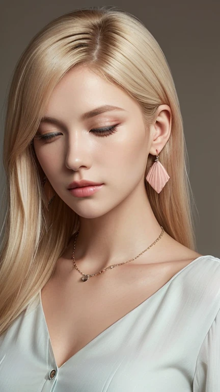 1 29 year old blonde woman with long hair posing for a picture, Beautiful blonde woman, beautiful blonde woman, (She couldn&#39;t be more tired, sleepy and satisfied.:1.3), Beautiful, well-cared for blonde, 8K Soft Portrait, Smooth blond woman, (Slim figure top model), breast enhancement, (Blonde Swedish woman), (Blonde eyebrows), Glossy long blonde hair, (amber color eyes brillantes:1.2), (She's droopy eyes and the pupils of the eyes are dilated:1.0), (Thick plump lips), (A photo from the chest up), (A person in the center left and right, The whole head is shown:1.3), (Pastel colored buttoned collared blouse:1.3), (A very simple necklace and very simple earrings), Perfect Makeup
