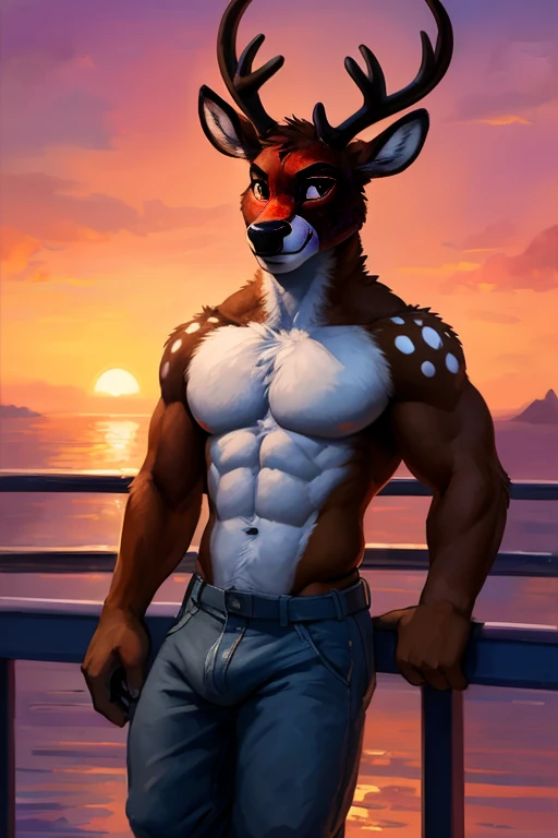 ((anthropomorphic Deer)) with He has all black eyes
Brown fur bright random white spots and muscular And antlers , big chest, day, y, sensual, detailed, uploaded to e621, beautiful and detailed portrait of an anthropomorphic Deer with He has all black eyes
Brown fur bright random white spots and muscular And antlers ((male ))) kenket, Ross Tran, ruan jia, uploaded to e621, zaush, foxovh, movie lighting,, muscular toned, muscles, muscular build, with a slight bulge in his pants of happiness, ((on a cruise ship on the front deck during sunset hands on ship railing looking at viewer , wearing only pants, anthropomorphic