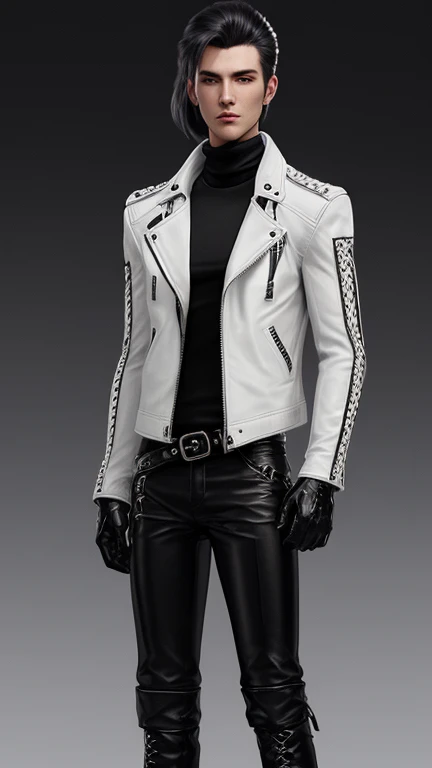 Final Fantasy-style graphics, young, Cute and cool Japanese boys, Thin eyebrows and big eyes, He is wearing a shiny off-white leather single-breasted jacket.。., with epaulettes, The jacket is zipped up, The jacket pockets are black., The jacket has a high stand-up collar with a belt, Also wearing a black turtleneck, black leather pants, Thin black leather gloves on both hands, Black leather knee-high lace-up boots, Head to Toe, Show your whole body, Final Fantasy Style、good looking、Clear eyes and nose、((A shiny white single-breasted leather jacket))、((The jacket has epaulettes))、((The jacket has a stand-up collar and belt))、((The jacket has a black pocket))、((Black turtleneck shirt))、((Shiny black leather pants))、((Shiny black leather gloves on both hands))、((Black lace-up leather long boots))、Head to Toeの眺め、Realistic image quality and texture、In a small brick-walled cell、Close your eyes、A kind smile、((The jacket is zipped closed))、((Hairstyle is wolf cut))