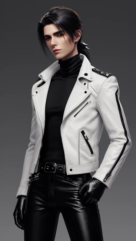 Final Fantasy-style graphics, young, Cute and cool Japanese boys, Thin eyebrows and big eyes, He is wearing a shiny off-white leather single-breasted jacket.。., with epaulettes, The jacket is zipped up, The jacket pockets are black., The jacket has a high stand-up collar with a belt, Also wearing a black turtleneck, black leather pants, Thin black leather gloves on both hands, Black leather knee-high lace-up boots, Head to Toe, Show your whole body, Final Fantasy Style、good looking、Clear eyes and nose、((A shiny white single-breasted leather jacket))、((The jacket has epaulettes))、((The jacket has a stand-up collar and belt))、((The jacket has a black pocket))、((Black turtleneck shirt))、((Shiny black leather pants))、((Shiny black leather gloves on both hands))、((Black lace-up leather long boots))、Head to Toeの眺め、Realistic image quality and texture、In a small brick-walled cell、Close your eyes、A kind smile、((The jacket is zipped closed))、((Hairstyle is wolf cut))