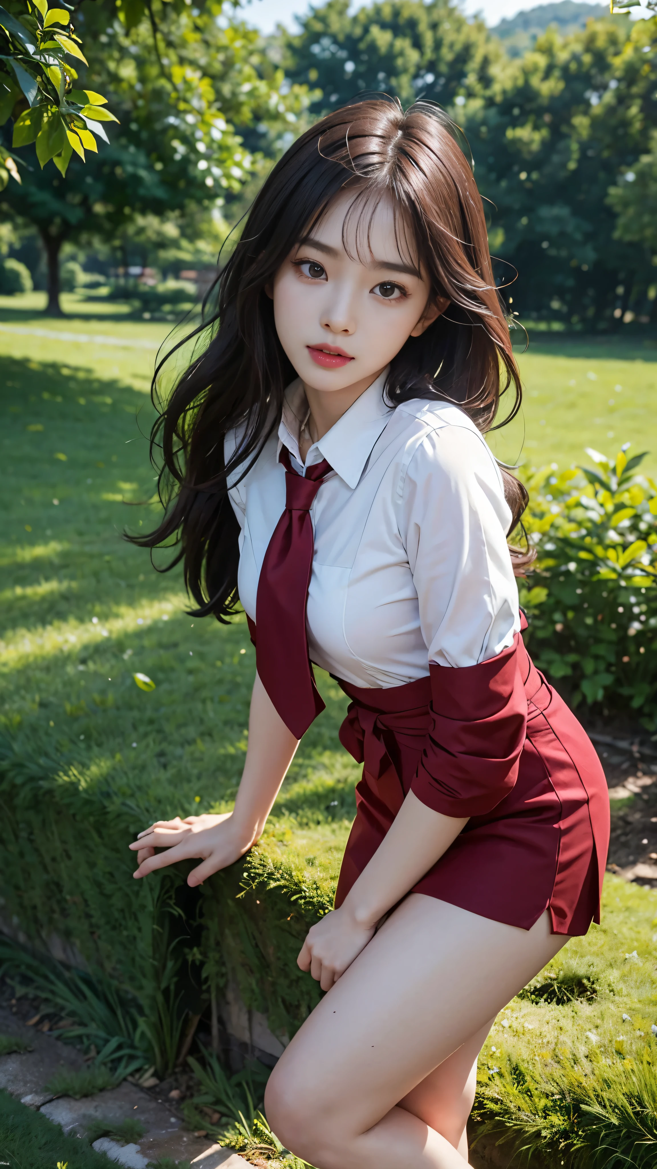 A young Asian woman wearing a red tie、Standing silently in a lush green field。A beautifully shot 8K soft portrait shot using the Canon EOS R5.、The sensor expertly renders every intricate detail of her face.。Highest quality and photorealistic images、A testament to the top-notch features of this latest camera.。No post-processing、RAW photos that preserve her natural beauty in ultra-high definition。Her young figure, with elegantly defined features, was captured in 8K resolution on a Canon EOS R.々Shishi Face、Meticulously etched for pore and fine line detail
