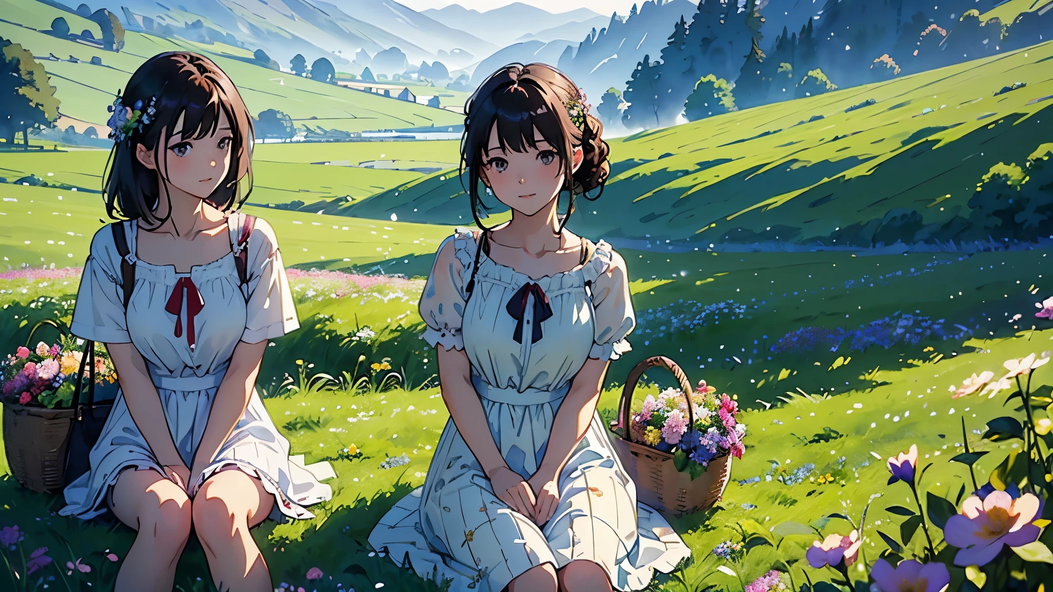 (highest quality、High resolution、masterpiece)、(Anime Art 4k)、(Realistic)、((Two women、20-year-old、whole body、While looking at the beautiful scenery、Sitting on the grassland resting、Basket full of flowers))、(Detailed depiction of a beautiful face)、Smiling Kindly、Medium Short Hair、Dark brown hair、Braided hair、White blouse and long skirt、one piece、apron、apronドレス、picnic、Cinema Lighting、Ray Tracing、Soft Light、Welsh landscape on a misty morning、Flowering meadow、Misty meadow on a calm morning、Flowers bloom all over the grassland、(Sargent-style watercolor)、
