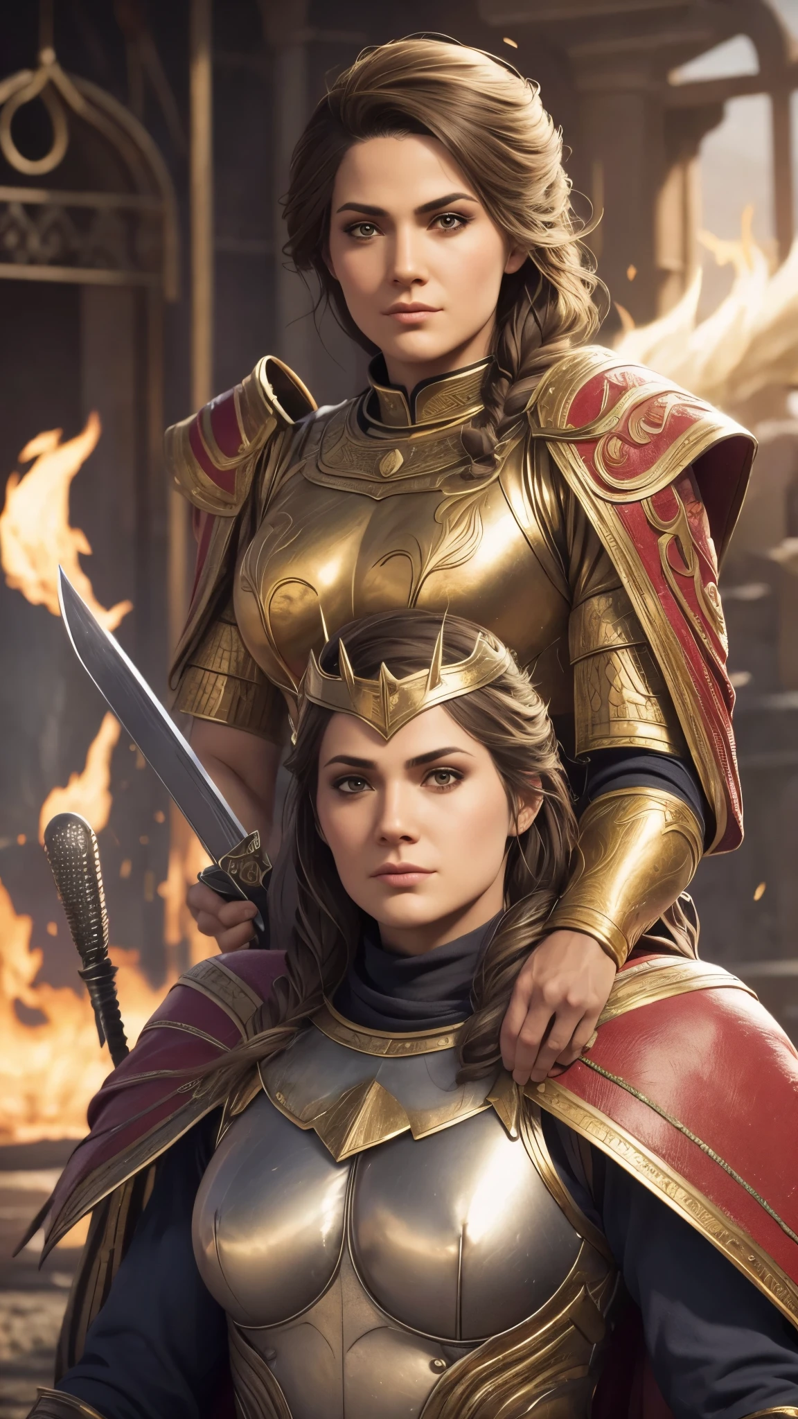 ((super fine illustration, 8k, Masterpiece :1.2, Sharp focus :1.2, depth of field:1.2)), Beautiful swordswoman, absurdity, Highly detailed face and skin texture, silver hair, jet-black armor, flame armor, cloak wrapped in flames, sword wrapped in flames, flame wings, determination to overcome sorrow, A sign of determination in your gentle eyes , strong soul