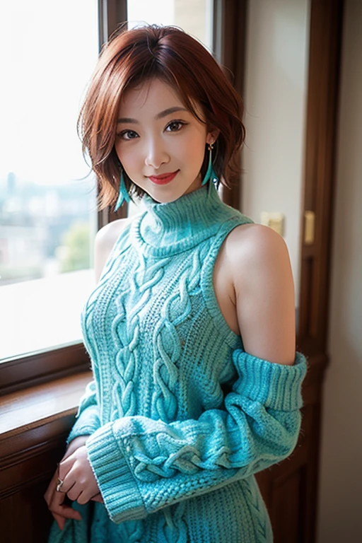 (red lips:1.4), full body, (turtleneck cable knit oversize sweater dress:1.2), , 1girl,solo,
(8k, RAW photo, best quality, masterpiece:1.3),(realistic, photo-realistic:1.37),realistic skin texture,(photorealistic:1.3),(hyperrealistic:1.2), (short hair:1.4) , seducting pose, (cyan colored clothes:1.7), (red hair:1.7), (seducting smile:1.4), (detached sleeves:1.4), (cheek dimples:1.4), (narrow shoulders:1.7), earrings, golden necklace, 