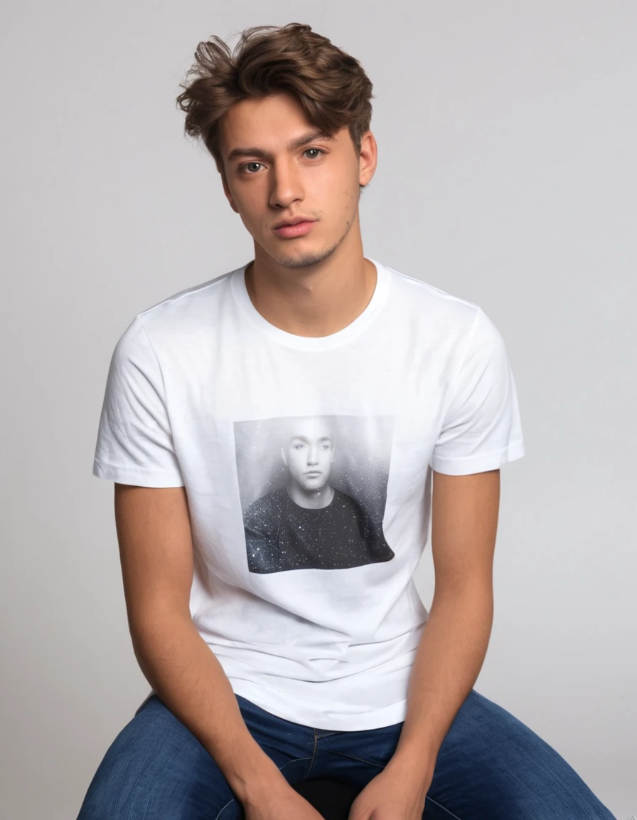 Photo réaliste d'un jeune homme métisse avec un beau visage, vêtue d'un tee-shirt blanc et assis dans un studio photo comme s'il voulait parler.