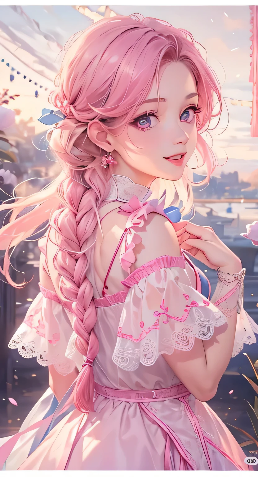 ((highest quality)), ((masterpiece)), (Get used to it), Perfect Face , masterpiece、highest quality、High resolution、High-quality images、8k, 1 female、Skin Radiance、Texture of skin and clothing、Expression of fine eyes、Glowing pink hair,Girl with long braided hair, Manga inspired by Lee Jong-suk, Trending on deviantart, realism, detailed manga style, Manga art style, Perfect Line Drawing, Beautiful line art, digital manga art girl, K-POPアイドル, Beautiful pink eyes, Lips become thicker, Gorgeous face with attention to detail, (Cute Smile), charm, Innocent, Side view, (Perfectly detailed face), (Beautiful Hands) Photorealistic images, Written boundary depth, 20th Generation ,beautiful girl , Pink Rose , Lace dress , big breasts , protruding shoulders , I can see her cleavage , Pink Rose , There are many Pink Roses in the background ,