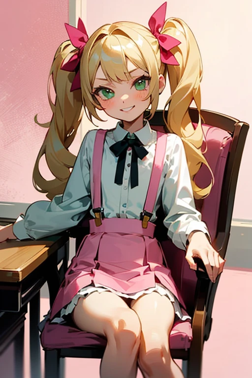 1 girl, cute, , bratty, blonde hair, twintails, long hair, cute, bratty, teasing look, dim lighting, sitting in desk chair, pink room, cute room, white chair, lolita,pink suspenders skirt, green eyes, smiling, sassy, small
