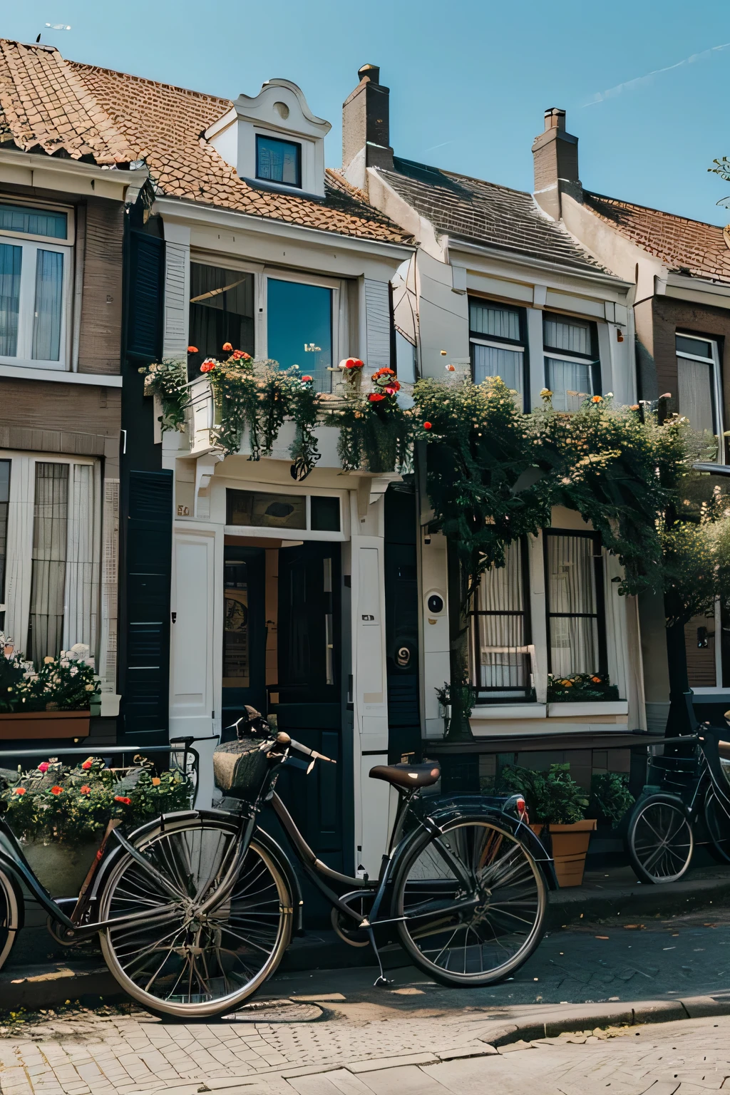 landscape, photography, Amsterdam canal house, flower, bicycle, city, daylight, epic, cinematic, river, ornate, realistic