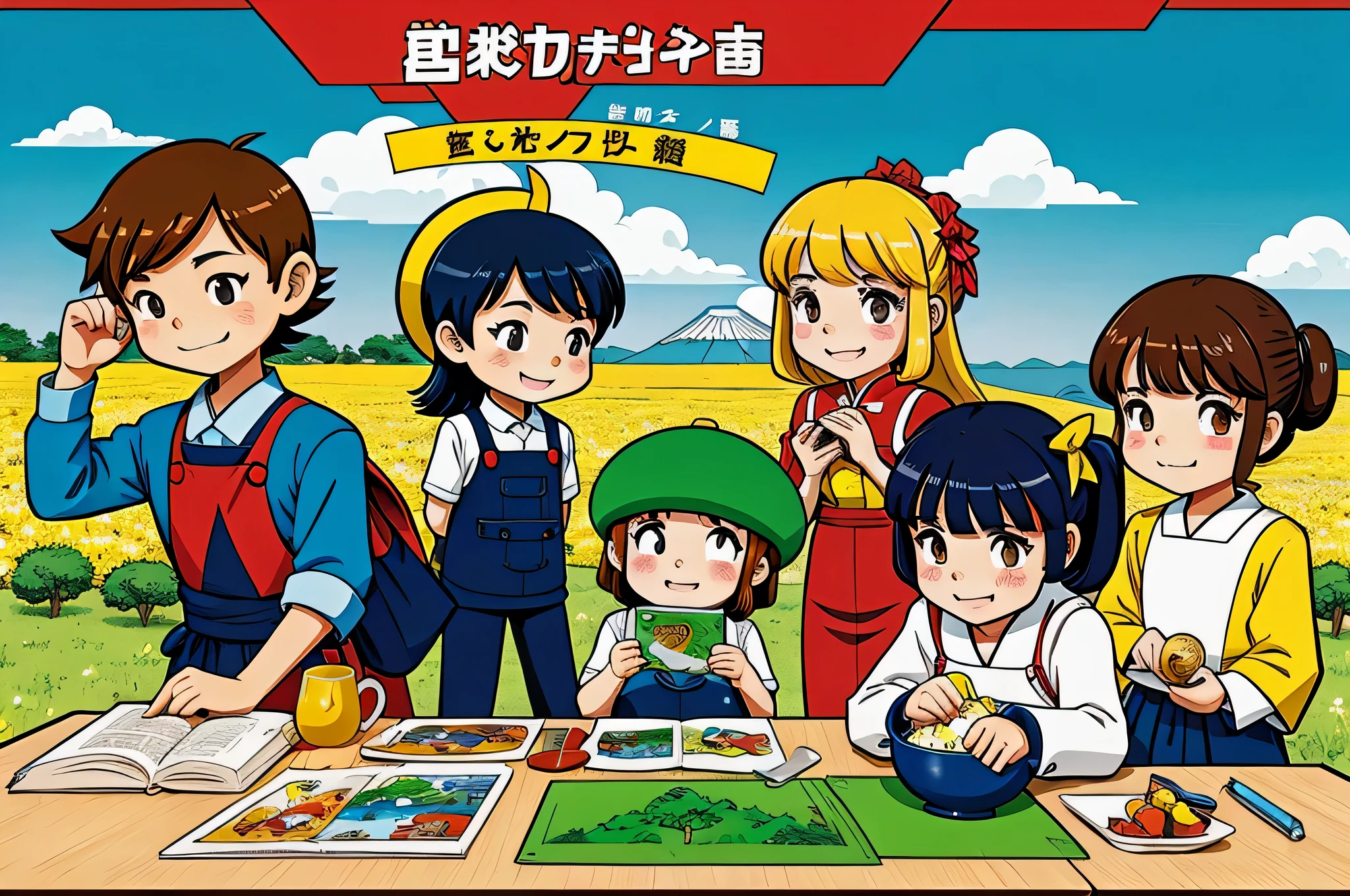 Cartoon illustration of children and their pets celebrating Earth Day, poster of Nobutari Yanagawa , pixiv Grand Prize winner, naïve art, hand-drawn cartoon art style, cover illustration, comic book cover style, children's book cover, colorful children's book illustration, poster illustration, jojolion cover art style, Japanese comic book cover, Japanese cartoon style, comic book cover, 5.1 Labor Day, Japanese anime style, bright colors, characters are European and American face shapes, There are English words 'labor is the most glorious' in the picture, no Chinese elements, and the picture is required to be delicate.