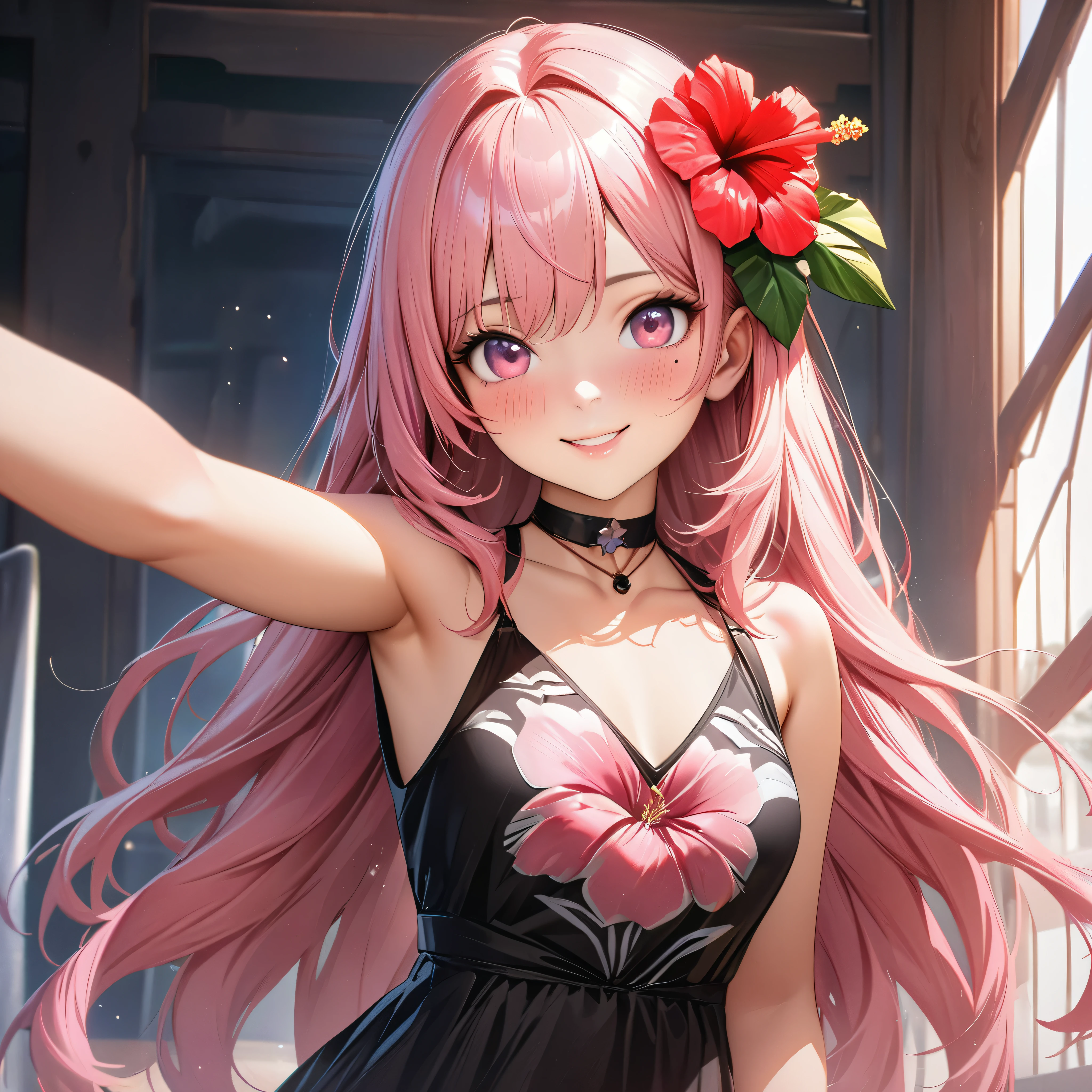 masterpiece, higst quality, highly detailed, high resolution, an high resolution, high resolution, 4k, 8k, unity 8k wallpaper, highly detailed cg, masterpiece, realistic, beautiful detail, depth, fine texture, hig hisst st quality: 1.3, total concentration, crisp skin, him, very cute anime, cute like an idol, tall pink long hair, one girl, Hawaiian dress, greeting, hibiscus hair accessory, smile, long pink hair, whole body , Mole under his eye, line sight, high, blush, lips parted, he art, pink eyes, choker