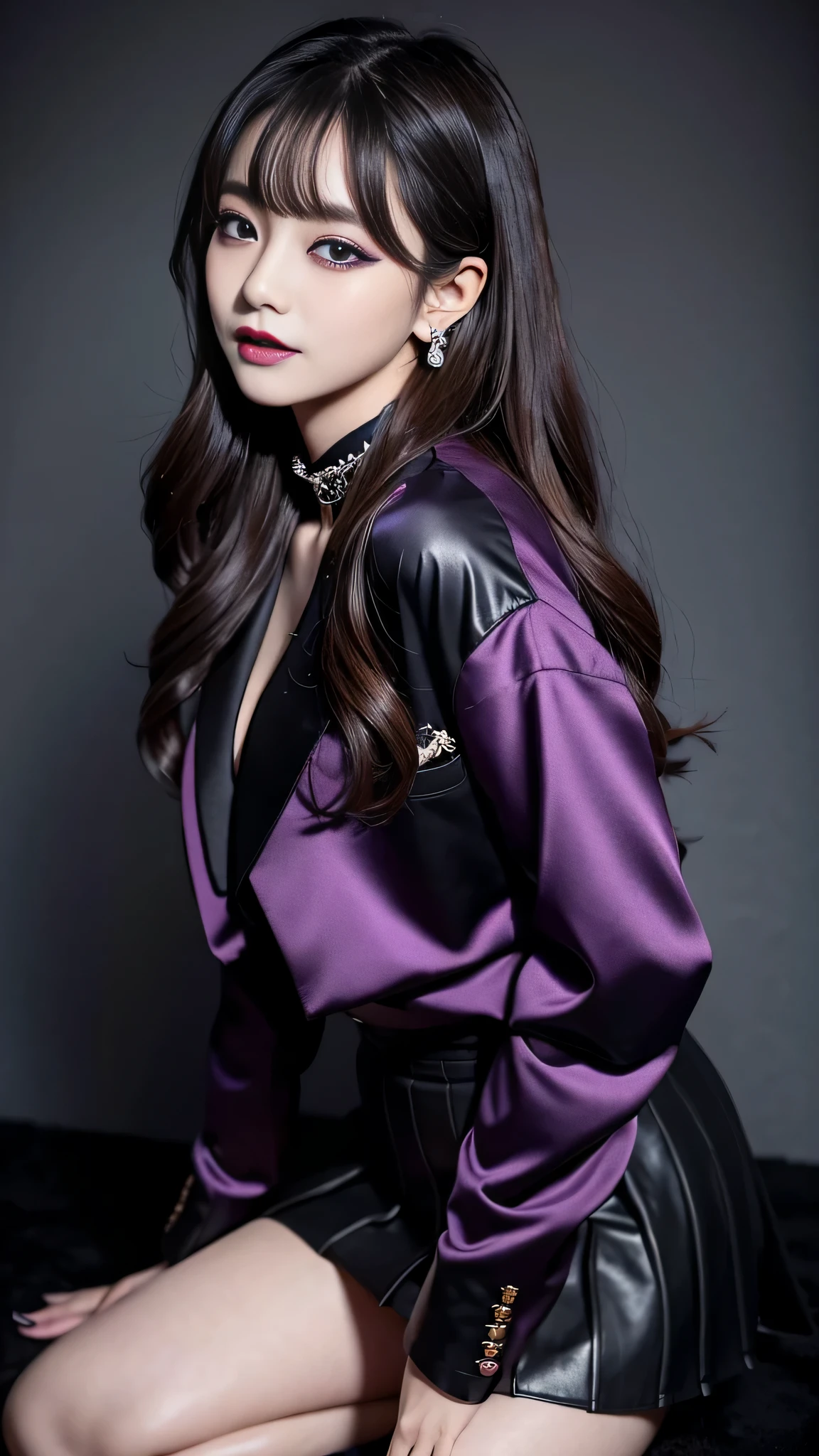 2girls、best quality、ultra-detailed、4k、Japanese、Seductive beauty、seductive adult woman、Pretty Woman、cool girl、Villainess、Brainwashed、brainwash、Fallen into evil、smirk、Evil look、Wicked Smile、evil、Brown hair、wavy hair、swept bangs、dark makeup、dark makeup、piercing eyes、hollow eyes,half-closed eyes、Hollow Eyes、Purple Eyeshadow、black lipstick、black lipglos、suit、Jacket、blouse、Black Ribbon、skirt、slit、Beautiful feet、Put your hands behind your back、night、Eerie Citadel、Are standing、