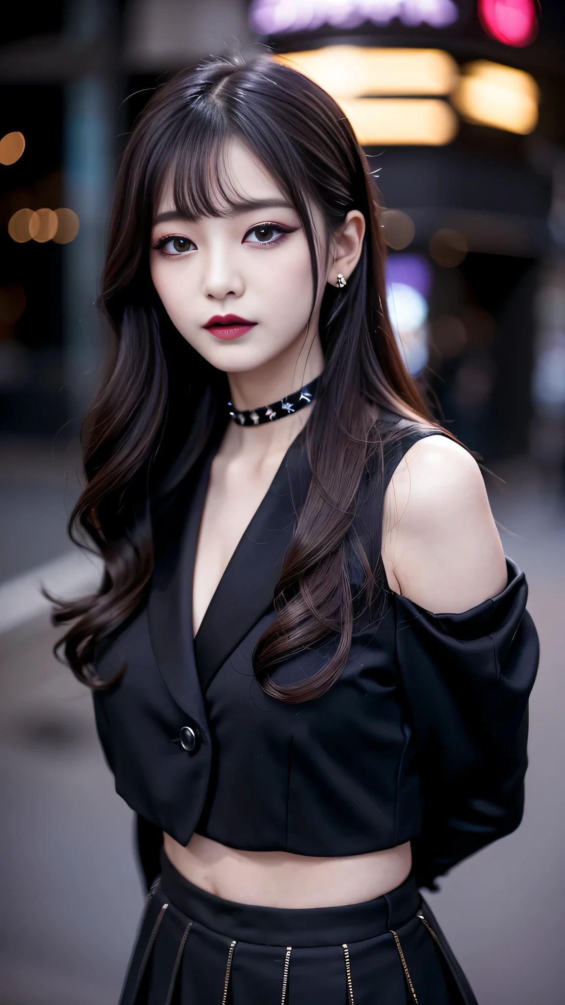 2girls、best quality、ultra-detailed、4k、Japanese、Seductive beauty、seductive adult woman、Pretty Woman、cool girl、Villainess、Brainwashed、brainwash、Fallen into evil、smirk、Evil look、Wicked Smile、evil、Brown hair、wavy hair、swept bangs、dark makeup、dark makeup、piercing eyes、hollow eyes,half-closed eyes、Hollow Eyes、Purple Eyeshadow、black lipstick、black lipglos、suit、Jacket、blouse、Black Ribbon、skirt、slit、Beautiful feet、Put your hands behind your back、night、Eerie Citadel、Are standing、