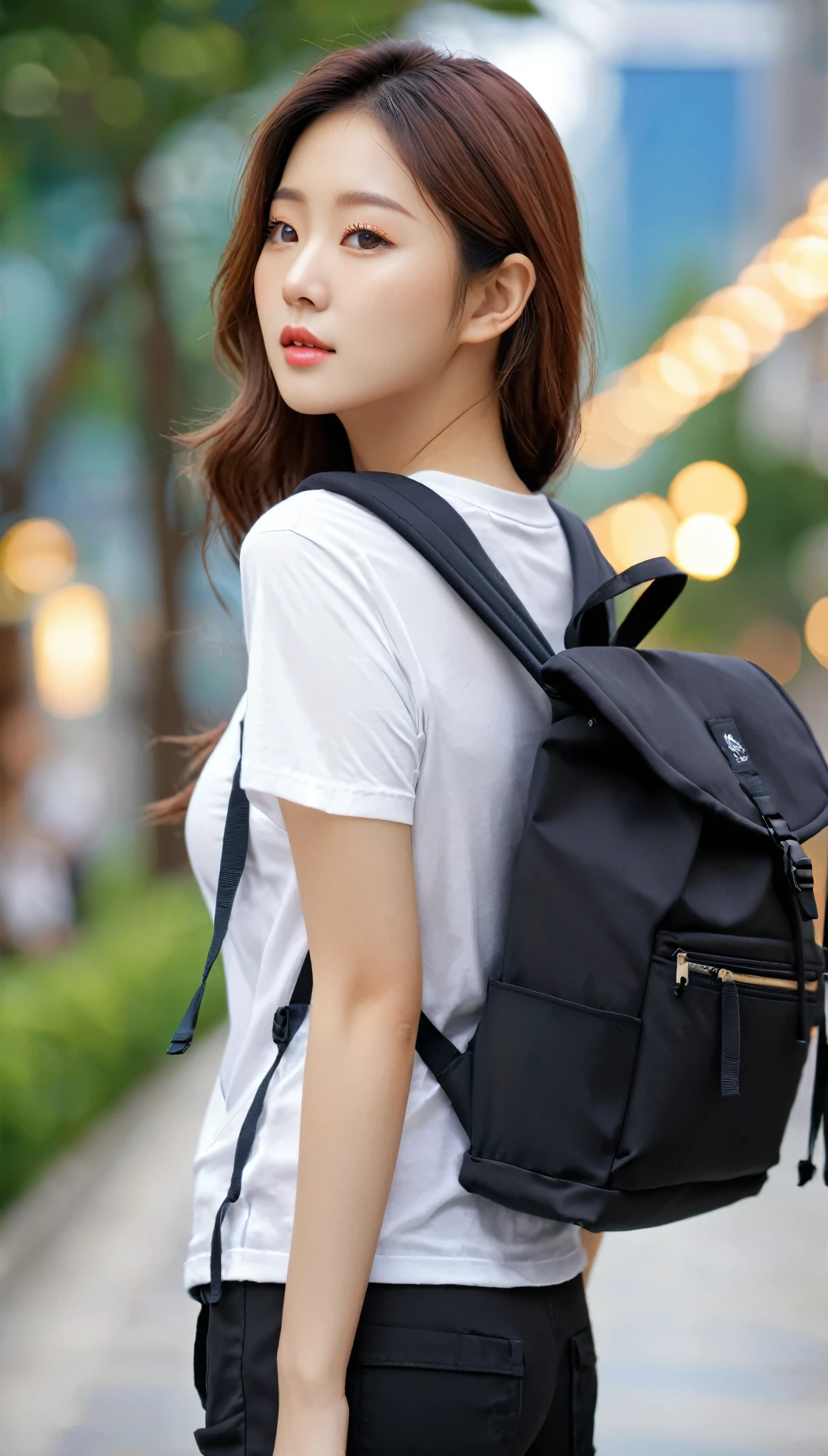 top-quality、Top image quality、masterpiece、Close-up looking up from below、17 years old girl、mountaineering、Back view wearing light white shorts、Backpack and climb the slope、(Colored leaves、A sexy、Face smile、Face Real