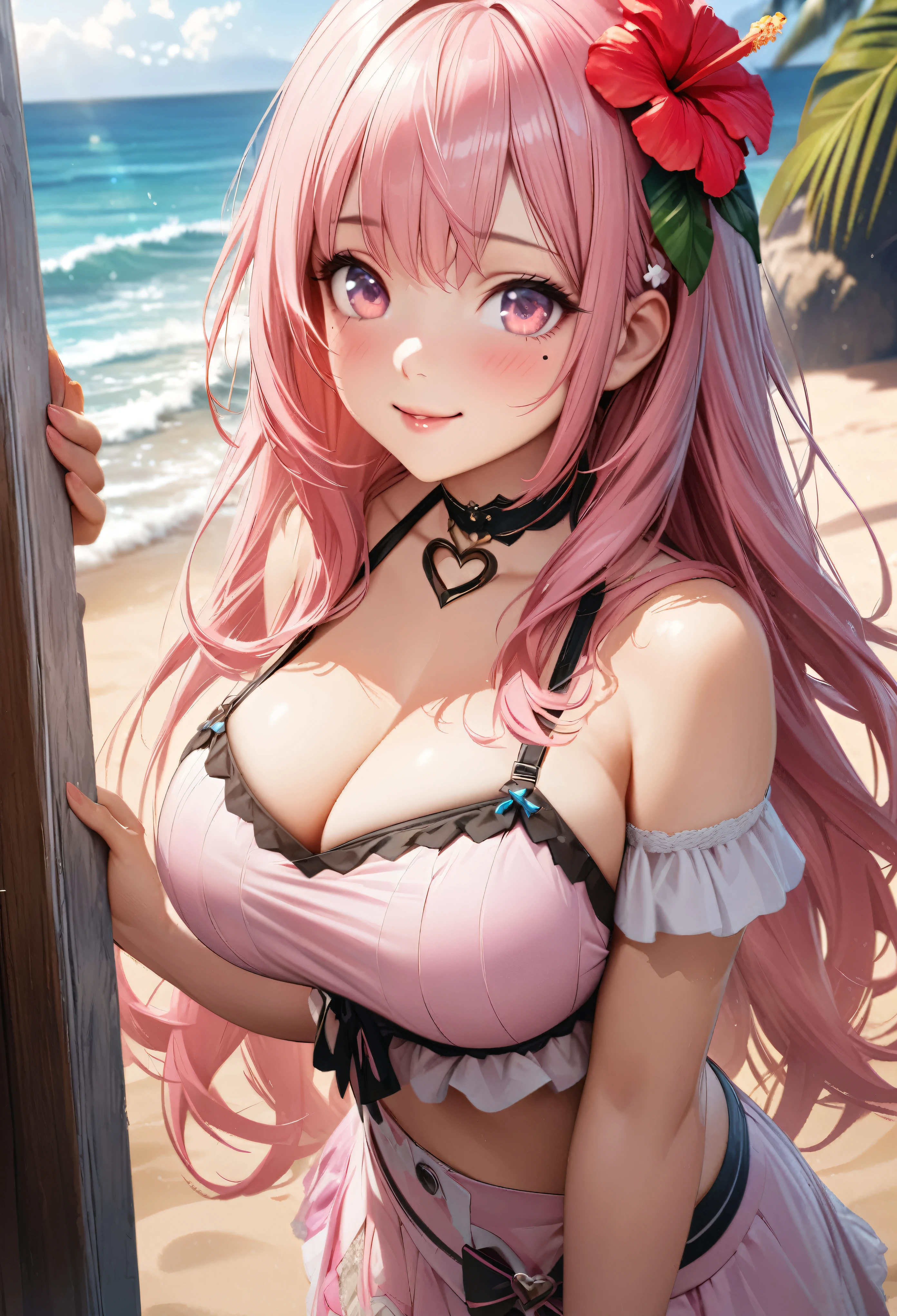 masterpiece, highest quality, Very detailed, High resolution, An expensive solution, High resolution, 4K, 8k, unity 8k wallpaper, Very detailed CG, masterpiece, Realistic、 Beautiful details, depth, Fine texture, highest quality: 1.3, Total concentration, Crisp skin, he, Very cute anime, Cute like an idol, expensive pink long hair, One Girl,bikini、Big Breasts、Sandy Beach、Ocean 、Palm tree、Tropical Juice、 hibiscus hair accessory, smile、long pink hair, whole body, Mole under the eye, Line Sight, expensive, blush, Lips parted, heart, Pink Eyes, choker