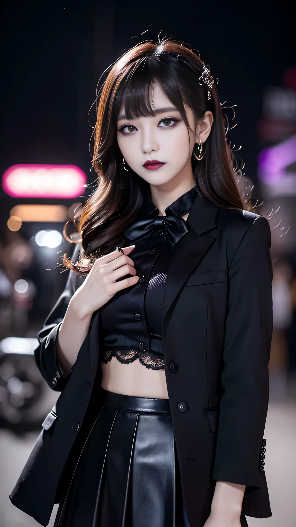 2girls、best quality、ultra-detailed、4k、Japanese、Seductive beauty、seductive adult woman、Pretty Woman、cool girl、Villainess、Brainwashed、brainwash、Fallen into evil、smirk、Evil look、Wicked Smile、evil、Brown hair、wavy hair、swept bangs、dark makeup、dark makeup、piercing eyes、hollow eyes,half-closed eyes、Hollow Eyes、Purple Eyeshadow、black lipstick、black lipglos、suit、Jacket、blouse、Black Ribbon、Long skirt、slit、Beautiful feet、night、Eerie Citadel、Are standing、looking down