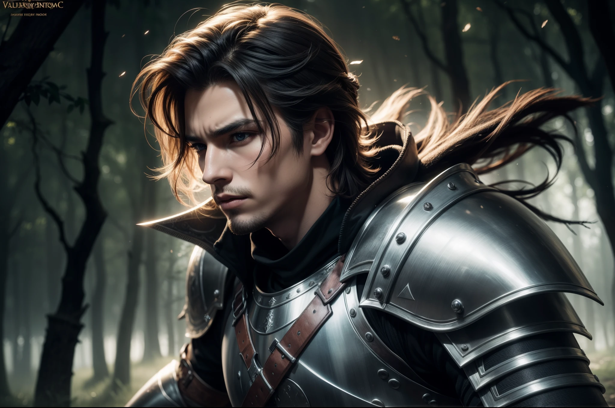 A swordman,artistic,detailed eyes,sharp sword,heroic pose, full detailed steel armor, handsome face, long sowrd, dramatic lighting,realistic leather armor,masterpiece:1.2,vivid colors,short hair,hair is disheveled,stunning battlefield,highly detailed background,action-packed,highres,bokeh,strong warrior,medieval fantasy style,emerging fog,sunlight filtering through trees,motion blur,fast-paced movement,heroic victory,Depth of field, wallpaper, high contrast, intricate details, volumetric lighting, (dynamic composition:1.1), highly detailed, colorful details, glowing lighting, atmospheric lighting, dreamy, magical, (solo), lens flare, colorful, Cinematic light, high-res, sharp focus, smooth, colorful light, particles,