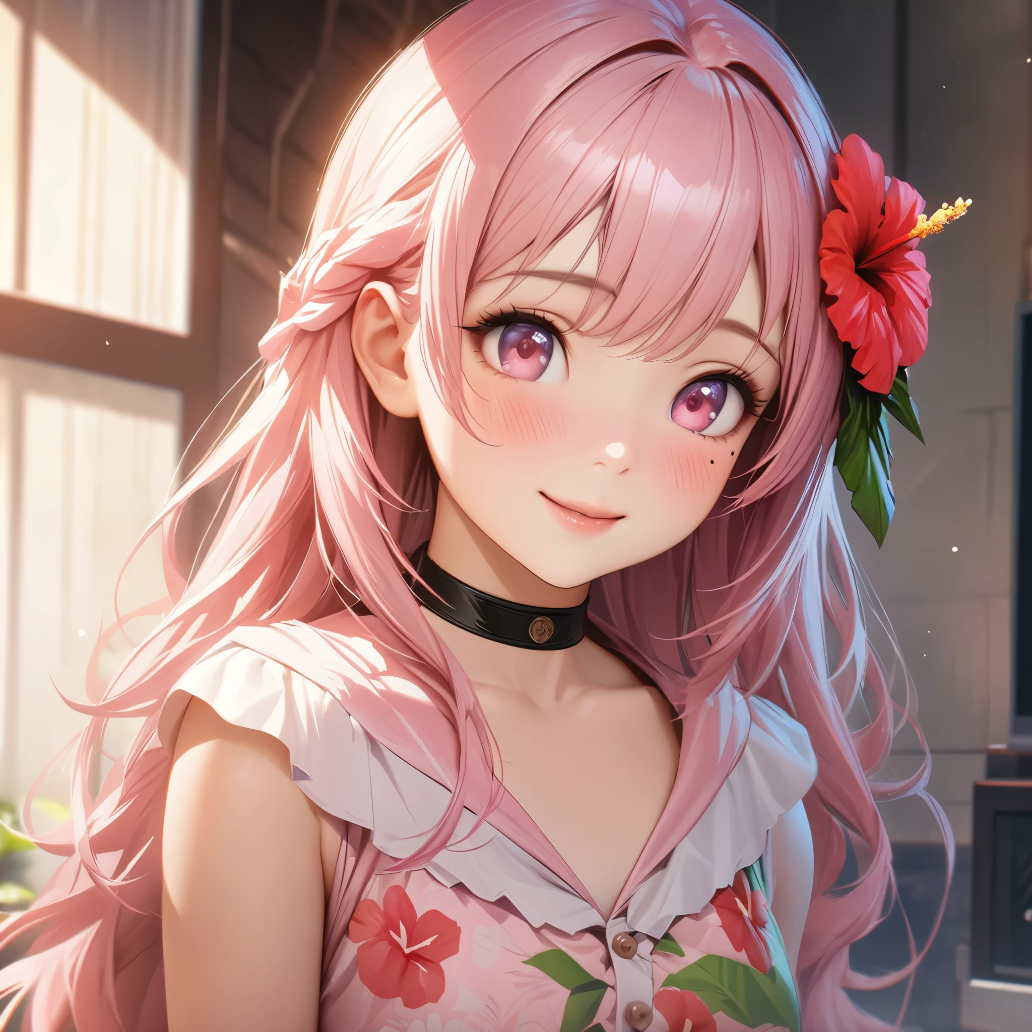 Anime girl with pink hair and flower in her hair - SeaArt AI