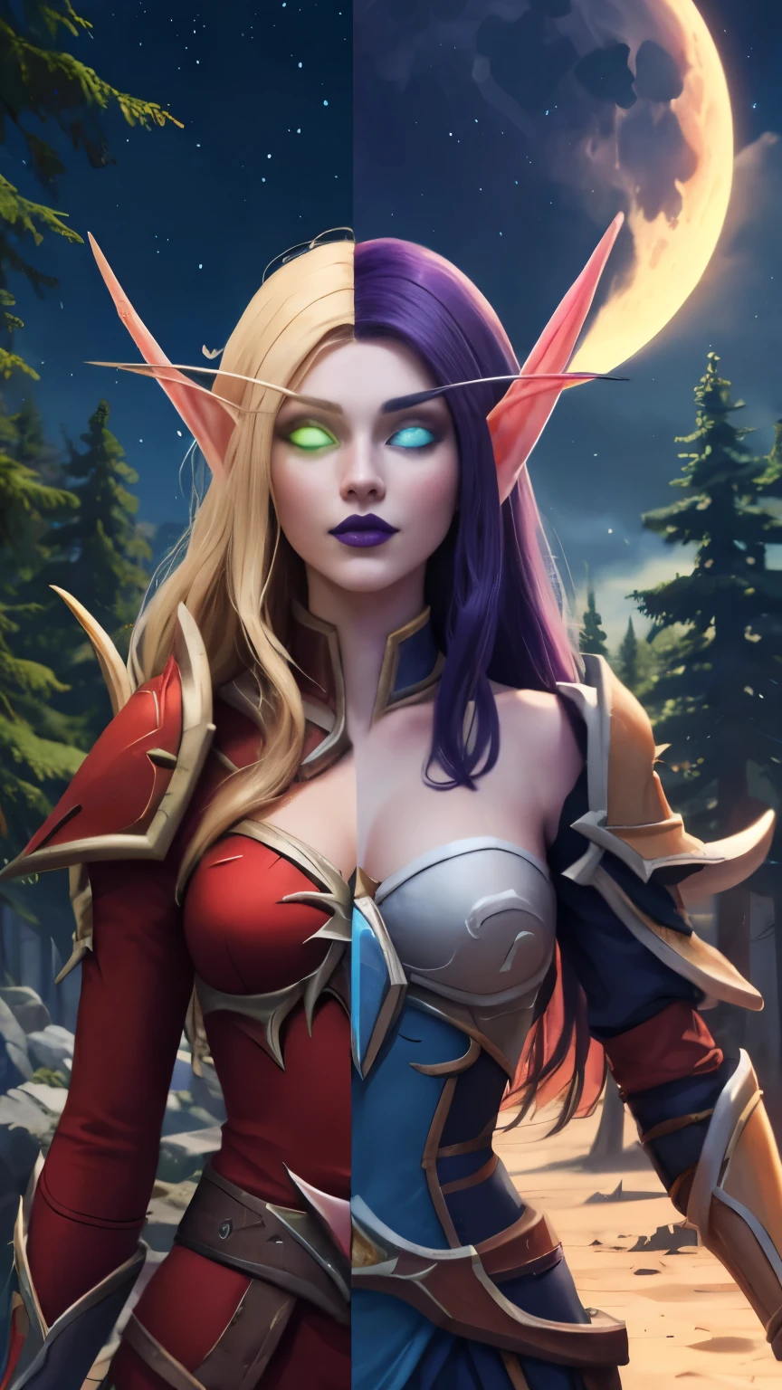 (Masterpiece, highly detailed, highly quality,  highly resolutions), line between the middle, half with nightelf half with bldelf, ({{BREAK nightelf, SplitScreen, split screen, Happy faces, glowing eyes, blue eyes, Purple Hair, colored skin, mature female, purple Dress, purple shoulder pad, purple lips, looking at viewer, forest, night, Sleeve, Princess of the Moon, Moon Background, Half Moon}}), vs, (BREAK bldelf, SplitScreen, splitscreen, Happy Faces, glowing eyes, Green eyes, Blonde hair, colored sclera, mature female, Red Dress, red shoulder pad, red lips, looking at viewer, forest, Yellow sword, day, Sleeves, Princess  of the Sun, Sun Background, Half Sun))