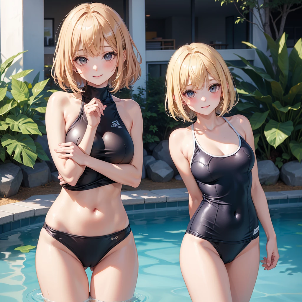 girl、(((one person)))、(School Swimsuit:1.3、Face Enhancement:1.3, )、、Absurd、Detailed Hair、Blonde、Medium Bob、Sexy pose、Cowboy Shot、highest quality、Super detailed、Surreal、perspective、Very detailed、Detailed Background、C cup bust、Thighs、A light smile、Competition Pool