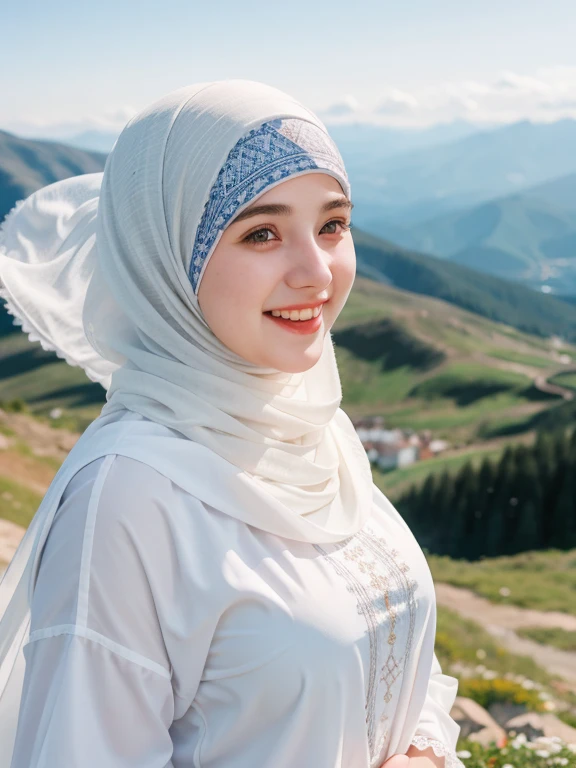 1 Girl, Beautiful, Russian Baby Face, 20 Years Old, White Skin, Hijab Muslim Outfit, Top of The Mountain Background, Wind, Laughing, Tighten Breast, ((bokeh:1.2))