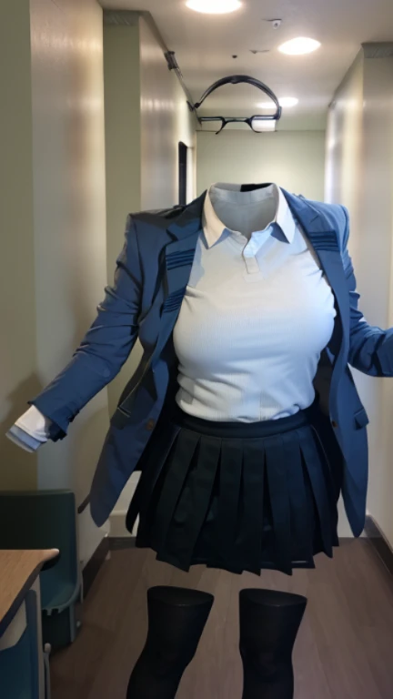 classroom, blazer, Checked skirt, (can not see, No humans, No legs, Faceless), Cute big tits, Standing posture, whole body, tights, whole body