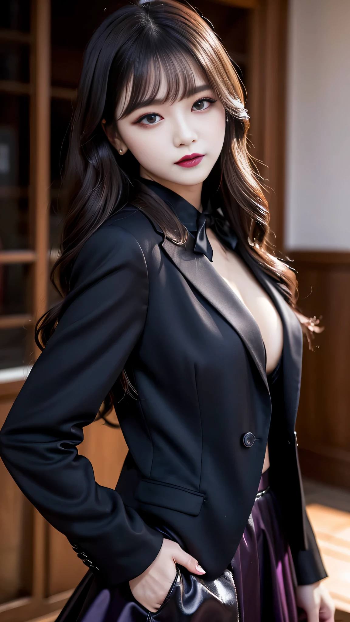 2girls、best quality、ultra-detailed、4k、Japanese、Seductive beauty、seductive adult woman、Pretty Woman、cool girl、Villainess、Brainwashed、brainwash、Fallen into evil、smirk、Evil look、Wicked Smile、evil、Brown hair、wavy hair、swept bangs、dark makeup、dark makeup、piercing eyes、hollow eyes,half-closed eyes、Hollow Eyes、Purple Eyeshadow、black lipstick、black lipglos、suit、Jacket、blouse、Black Ribbon、skirt、slit、Beautiful feet、Put your hands behind your back、night、Eerie Citadel、Are standing、