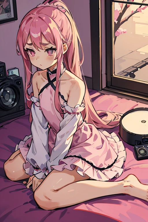 Girls with pink hair, long double-tailed hairstyle, ((small pink bushy eyebrows)), dressed in ta clothes, marked vagina, loli(Zankuro) drawing style by zankuro artist, Zancro style, image uploaded to R34, changing of clothes in a room, semi naked with underwear in her hands looking away, not looking at the camera (hidden camera recording her, security camera filter recording her)
