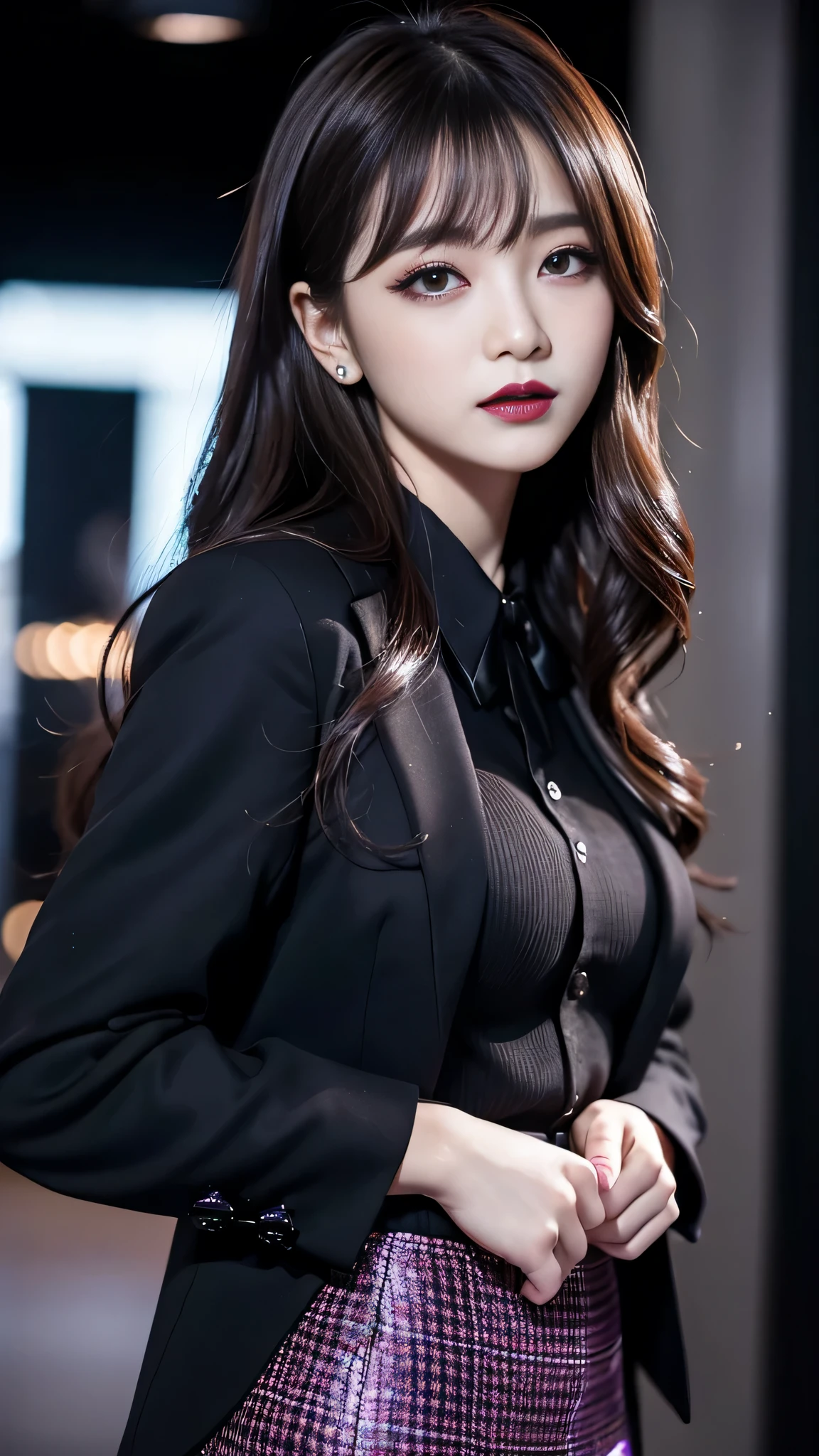 2girls、best quality、ultra-detailed、4k、Japanese、Seductive beauty、seductive adult woman、Pretty Woman、cool girl、Villainess、Brainwashed、brainwash、Fallen into evil、smirk、Evil look、Wicked Smile、evil、Brown hair、wavy hair、swept bangs、dark makeup、dark makeup、piercing eyes、hollow eyes,half-closed eyes、Hollow Eyes、Purple Eyeshadow、black lipstick、black lipglos、suit、Jacket、blouse、Black Ribbon、skirt、slit、Beautiful feet、Put your hands behind your back、night、Eerie Citadel、Are standing、