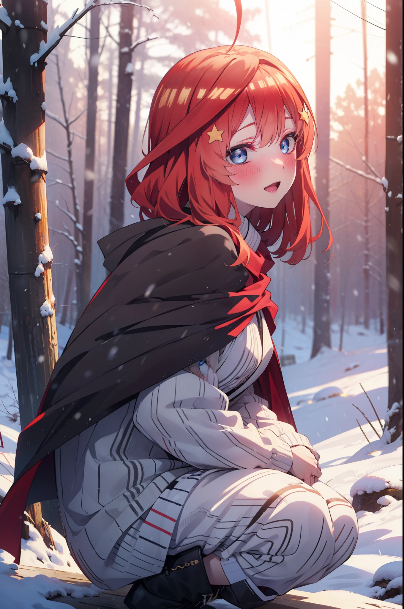 itsukinakano, Itsuki Nakano, bangs, blue eyes, Hair between the eyes, Ahoge, Redhead, star \(symbol\), hair ornaments, star hair ornaments,smile,blush,White Breath,
Open your mouth,snow, fire, Outdoor, boots, snowing, From the side, wood, suitcase, Cape, Blurred, Increase your meals, forest, White handbag, nature,  Squat, Mouth closed, フードed Cape, winter, Written boundary depth, Black shoes, red Cape break looking at viewer, Upper Body, whole body, break Outdoor, forest, nature, break (masterpiece:1.2), highest quality, High resolution, unity 8k wallpaper, (shape:0.8), (Beautiful and beautiful eyes:1.6), Highly detailed face, Perfect lighting, Highly detailed CG, (Perfect hands, Perfect Anatomy),